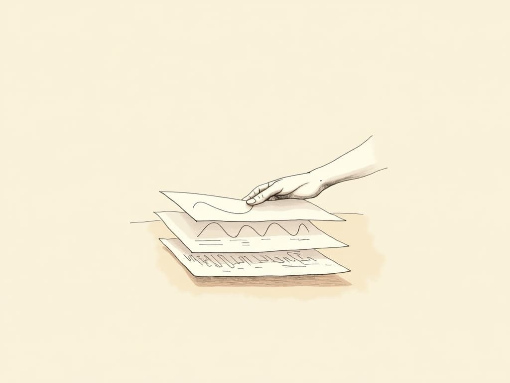 BCBA Experimental Design Study Guide: Master Domain D Minimalist line art of a hand delicately revealing overlapping sheets with distinct graph-like patterns, visually representing the BCBA experimental design study guide's focus on recognizing and analyzing design types.