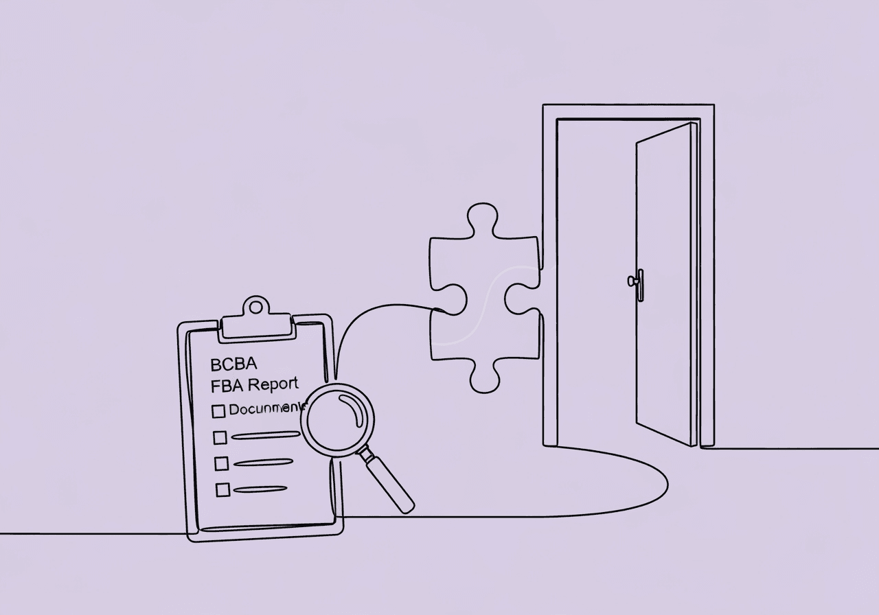 Essential BCBA FBA Report Documentation Checklist Minimalist line art illustration for a BCBA FBA report documentation checklist, showing a clipboard, magnifying glass, and puzzle piece leading to an open doorway—symbolizing careful behavioral assessment and organized, insurance-ready compliance.
