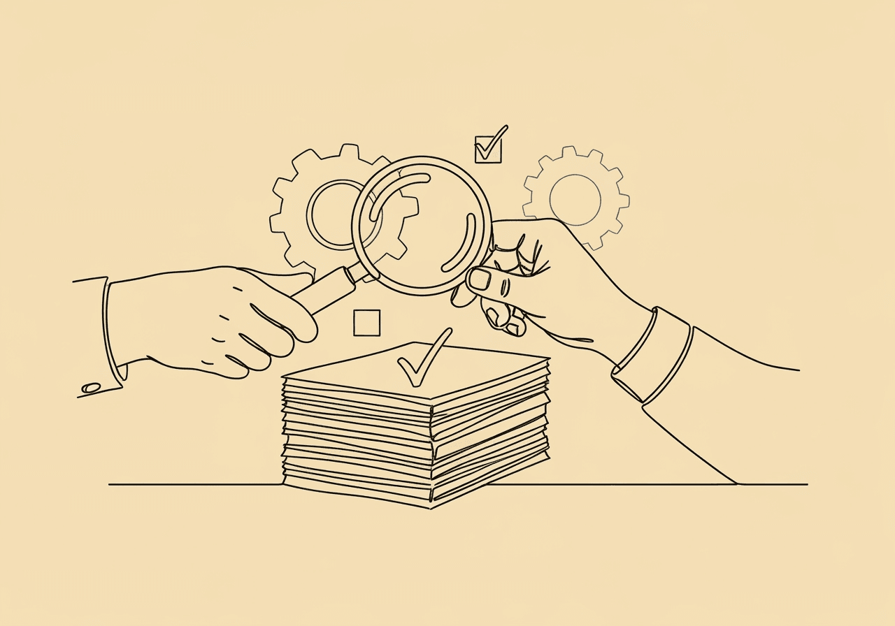 BCBA Guide to Auditing RBT Session Notes Effectively Minimalist line art of a magnifying glass inspecting session notes, symbolizing BCBA auditing RBT session notes for accuracy and procedural fidelity—an essential process highlighted throughout the blog post.