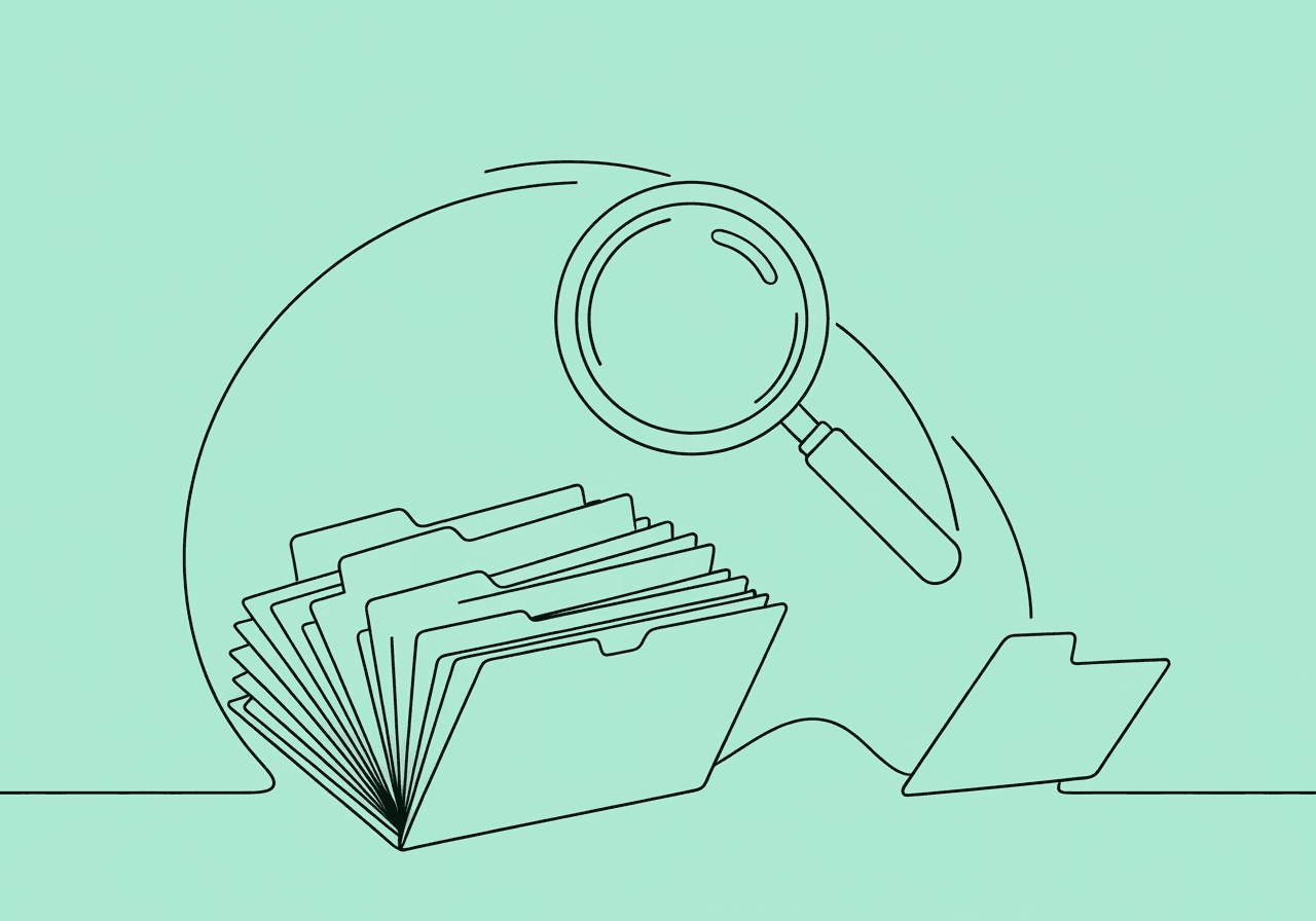 BCBA Fieldwork Documentation Audit Guide: Key Tips Minimalist line art illustration for BCBA fieldwork documentation audit: a magnifying glass examining layered folders symbolizes organized supervision records and proactive audit review. Visual metaphor highlights audit avoidance in ABA fieldwork documentation practice.