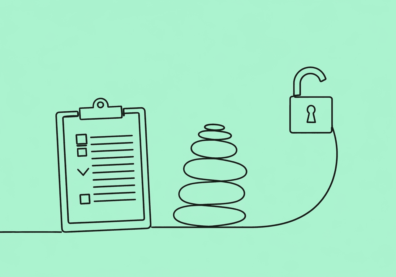 Master BCBA Fieldwork Documentation: BACB Compliance Guide Minimalist line art on pastel mint, showing a clipboard morphing into balanced stones and ending as a padlock. This metaphorically illustrates the BCBA fieldwork documentation process—from recording data and structure to secure compliance.