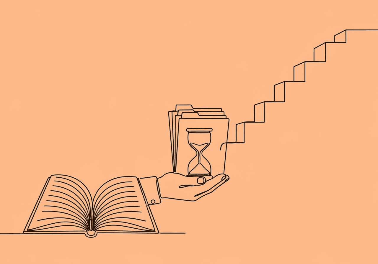 BCBA Fieldwork Documentation: 8 Essential Tips Minimalist line art showing a hand holding organized folders, an open notebook, and an hourglass, visually symbolizing meticulous BCBA fieldwork documentation and time management for compliance and growth.