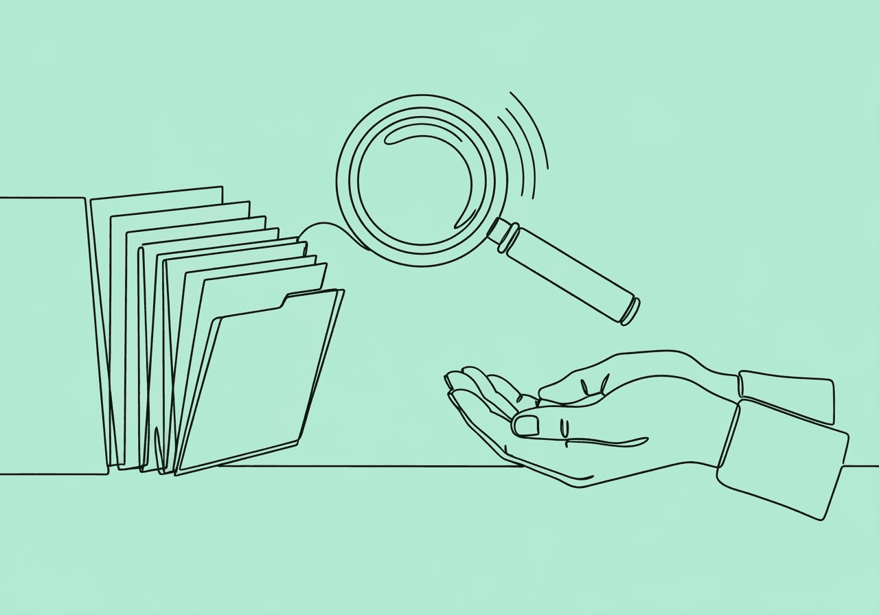 BCBA Final File Review Checklist: Ensure Compliance Minimalist line art on pastel mint background shows folders being reviewed by a magnifying glass, then held in caring hands, visually representing the BCBA final file review checklist and meticulous discharge documentation.