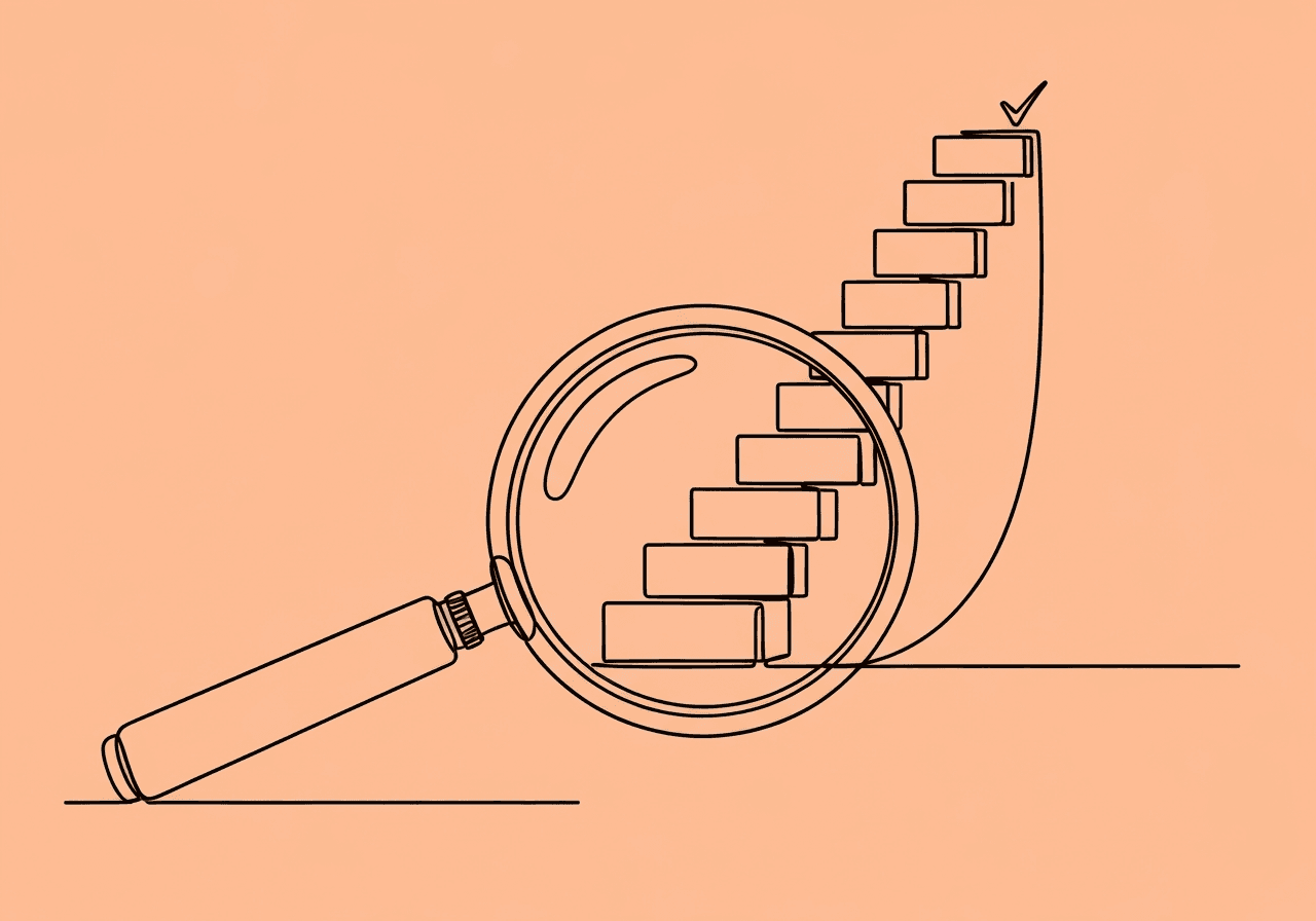 BCBA Function-Based Intervention Alignment Checklist Minimalist line art illustration of a magnifying glass inspecting ascending building blocks, visually representing a function-based intervention alignment checklist for BIP alignment, supporting clinical integrity and clear progression.
