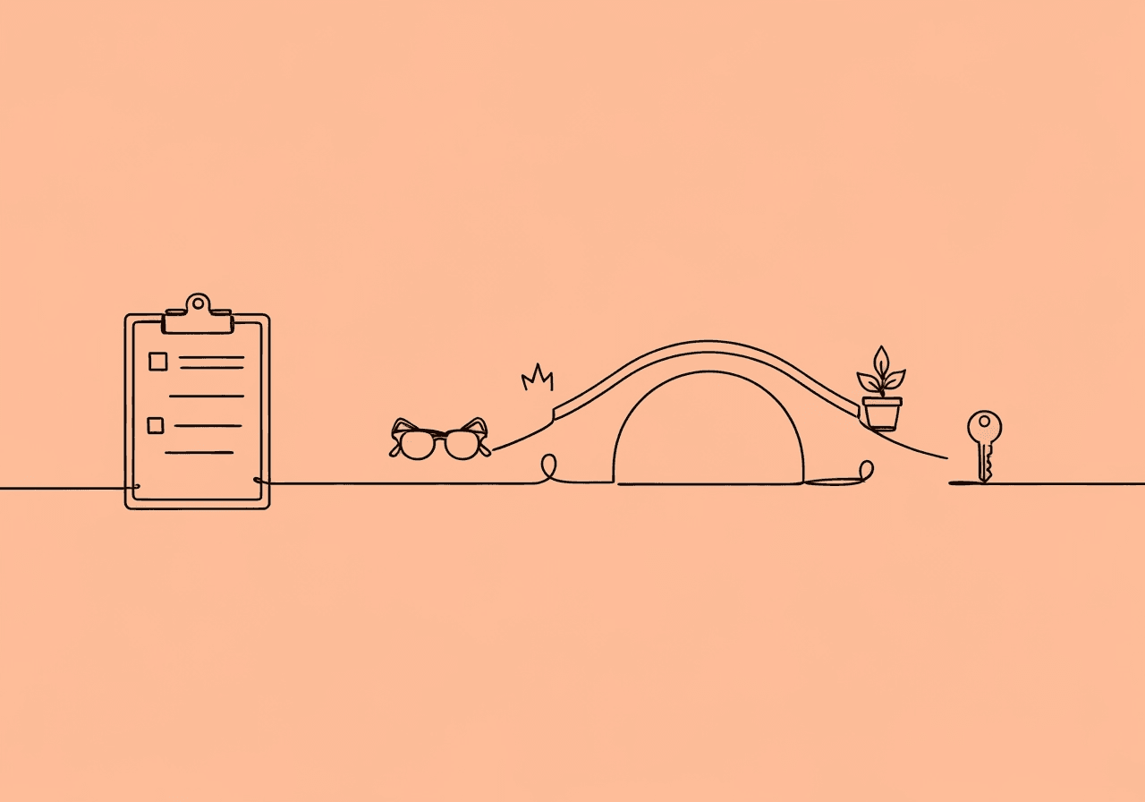 Ultimate BCBA Generalization Documentation Checklist Minimalist line art on pastel peach background showing a clipboard transforming into a bridge with paperwork, a plant, and a key—visually representing a BCBA generalization documentation checklist and the journey from planning to compliance.