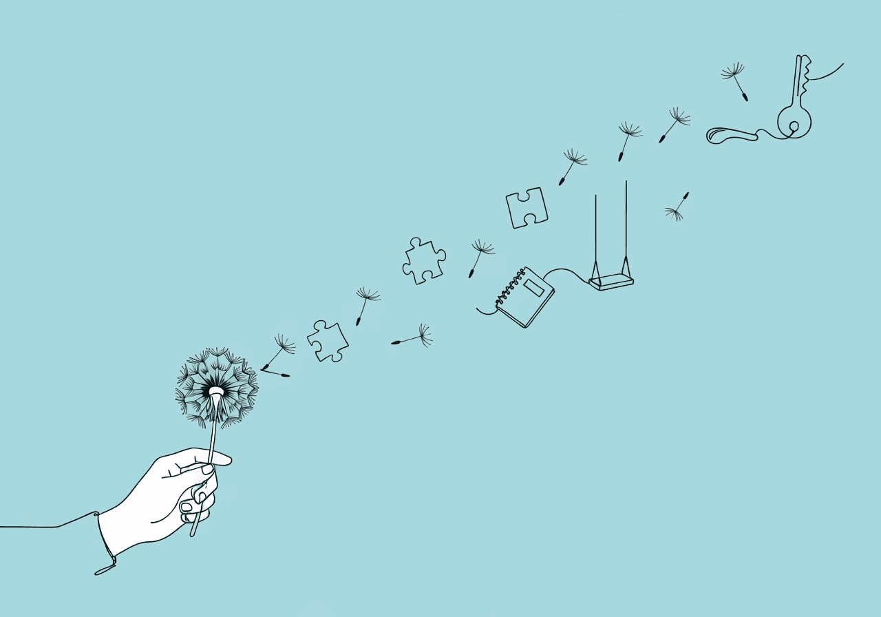 Generalization Programming Glossary: BCBA Essentials Minimalist line art of a hand releasing a dandelion whose seeds transform into everyday objects, illustrating how the Generalization Programming Glossary promotes adaptable and documented strategies for BCBA programming in diverse real-world contexts.