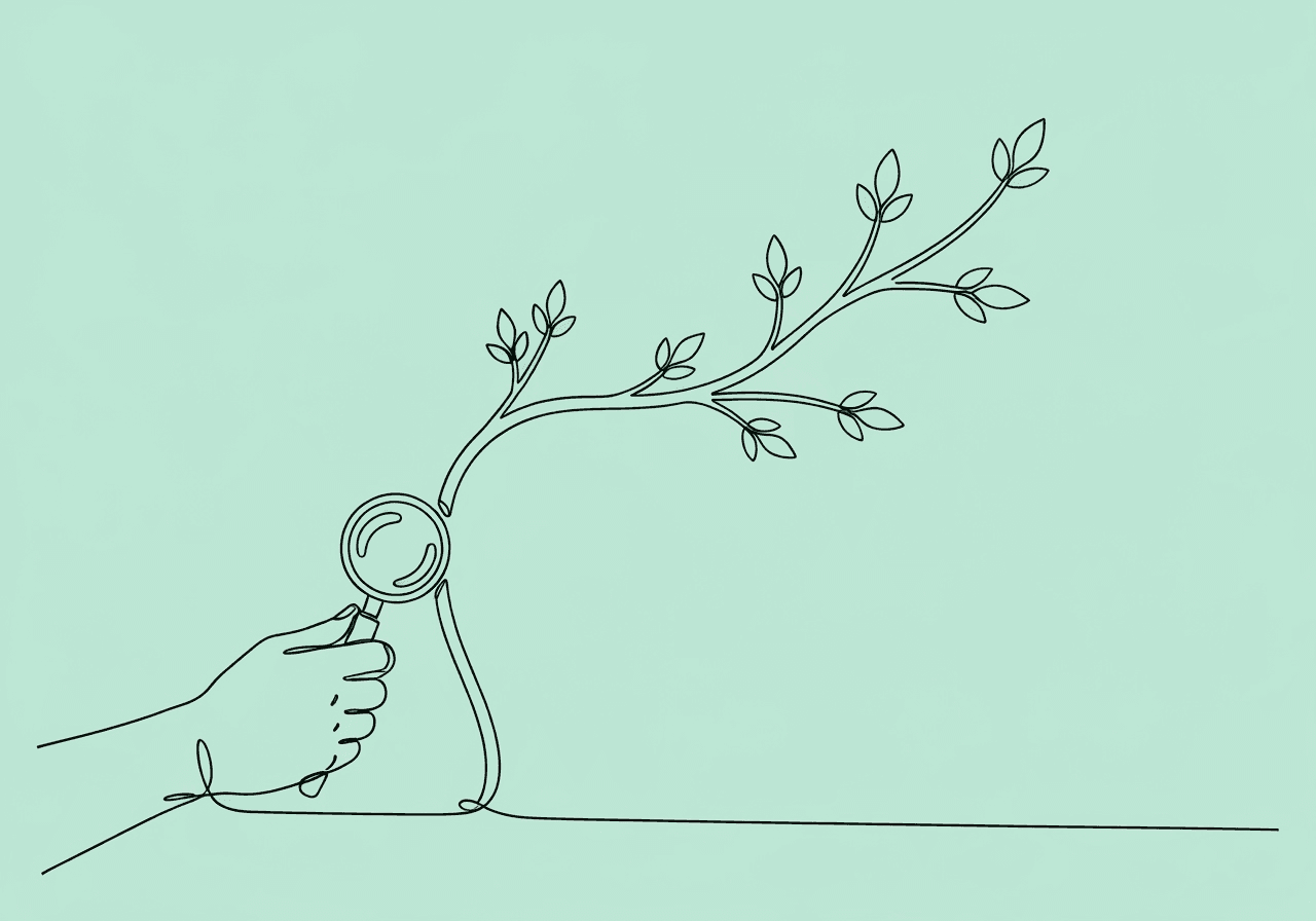 Perfect BCBA Goal Change Documentation: Step-by-Step Guide Minimalist line art of a hand using a magnifying glass to examine a growing plant, symbolizing BCBA goal change documentation by highlighting careful analysis and thoughtful decision-making in clinical practice.