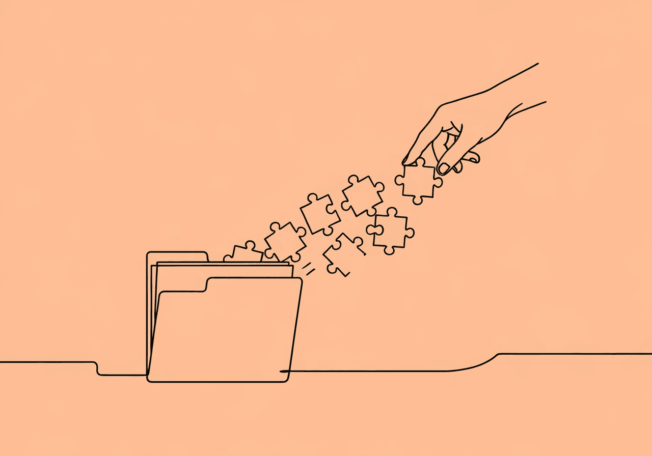 7 BCBA Goal Writing Errors to Avoid for Insurance Approval Minimalist line art showing a hand placing a puzzle piece from a scattered folder, illustrating BCBA goal writing errors and the correction process relevant to insurance documentation.