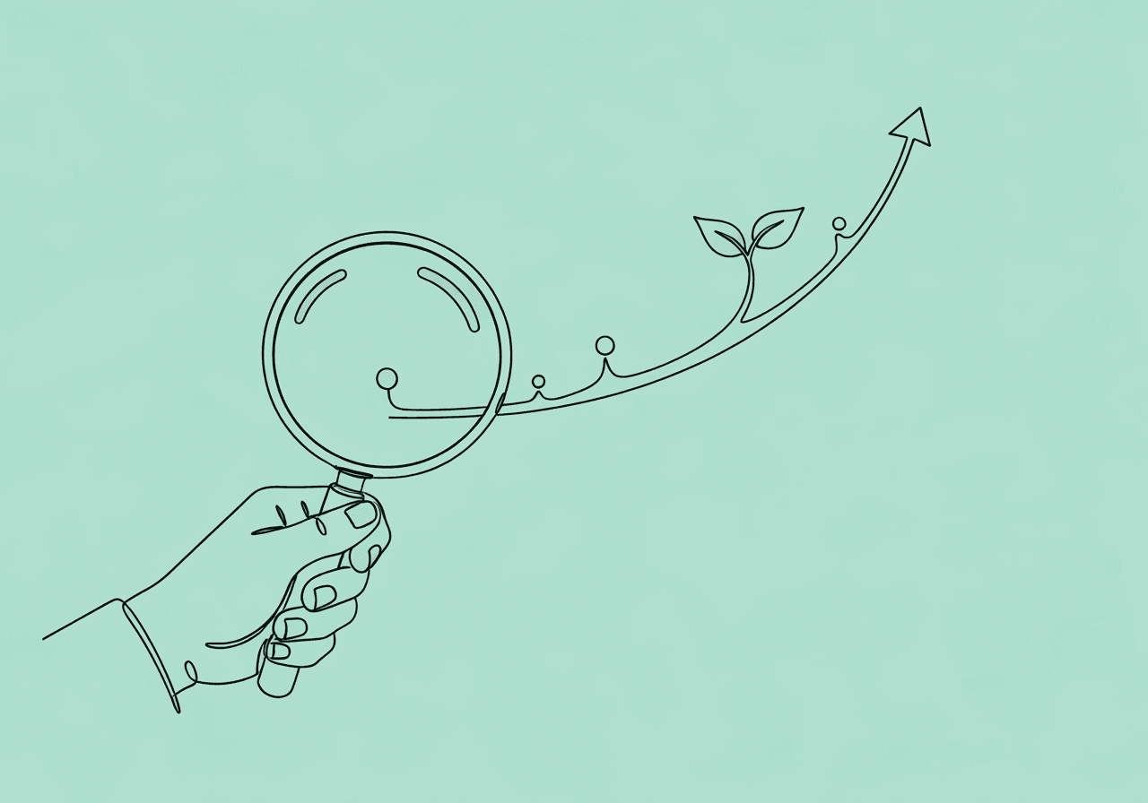 BCBA Graph Analysis for Insurance: Visual Mastery Guide Minimal line art illustration showing a hand with a magnifying glass closely examining a curving graph that turns into a sprouting plant, symbolizing BCBA graph analysis for insurance progress reports and growth in ABA data.