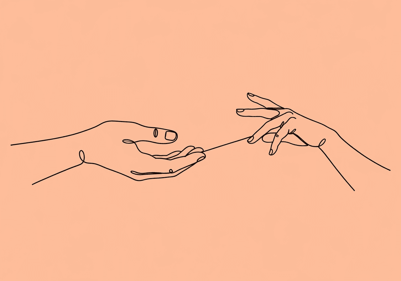 Informed Consent vs Client Assent: BCBA Guide Minimalist line art illustration showing two hands—one adult, one smaller—reaching toward each other over a pastel peach background, visually representing informed consent vs client assent documentation by embodying ethical connection and mutual respect in behavioral clinical practice.