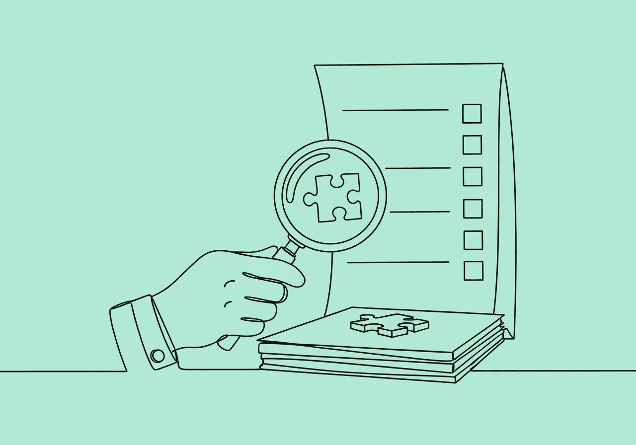 Essential BCBA Initial Authorization Checklist Minimalist line art for 'BCBA initial authorization checklist': a hand holds a magnifying glass over medical documents, focusing on a key puzzle piece to represent thorough documentation and careful review for new client assessment.