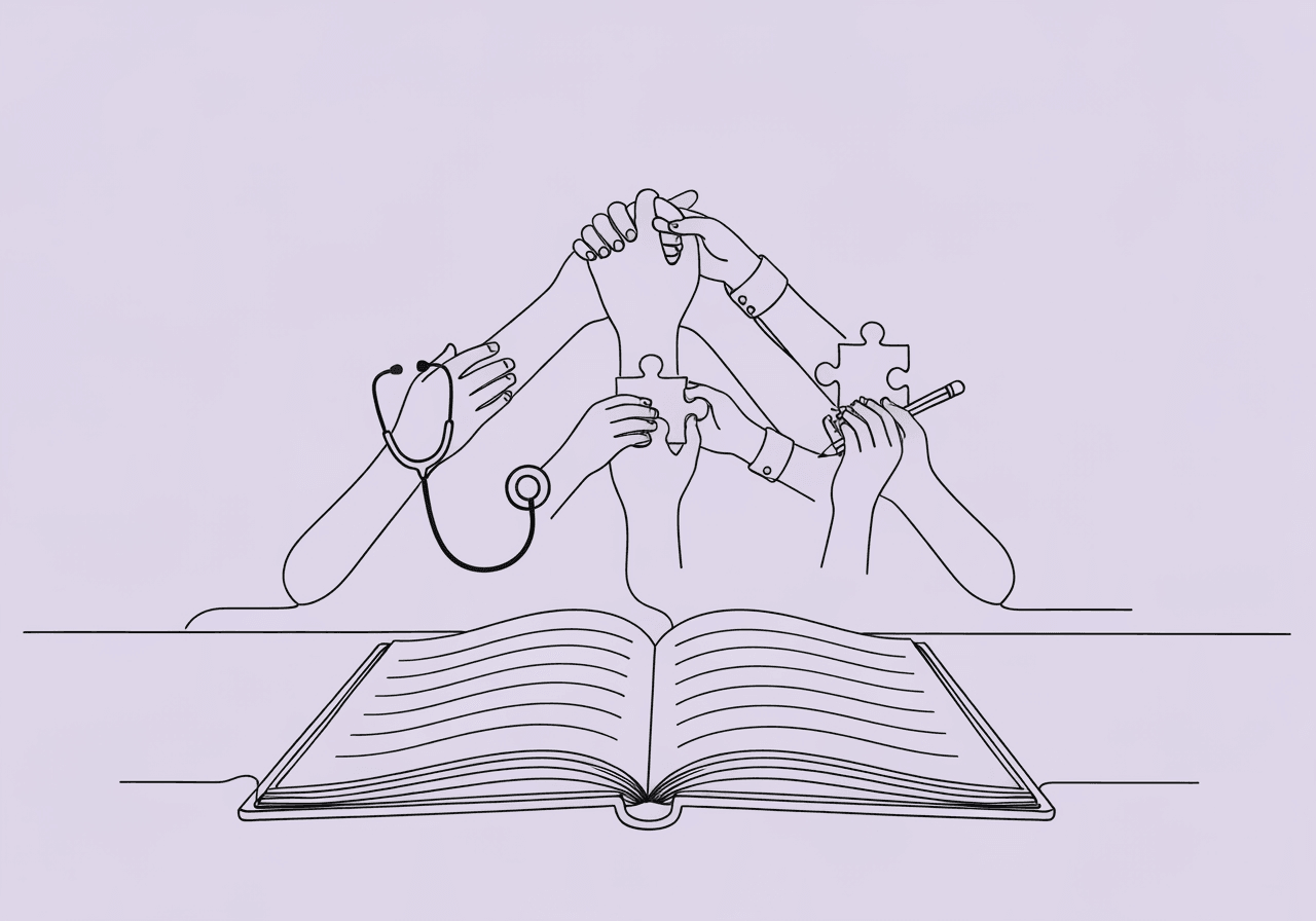 BCBA Interdisciplinary Documentation: Beginner's Guide Minimal line art illustration for BCBA interdisciplinary documentation shows several hands—each with an object like a stethoscope or puzzle piece—collaborating above a shared open notebook, emphasizing organized, ethical teamwork across disciplines.