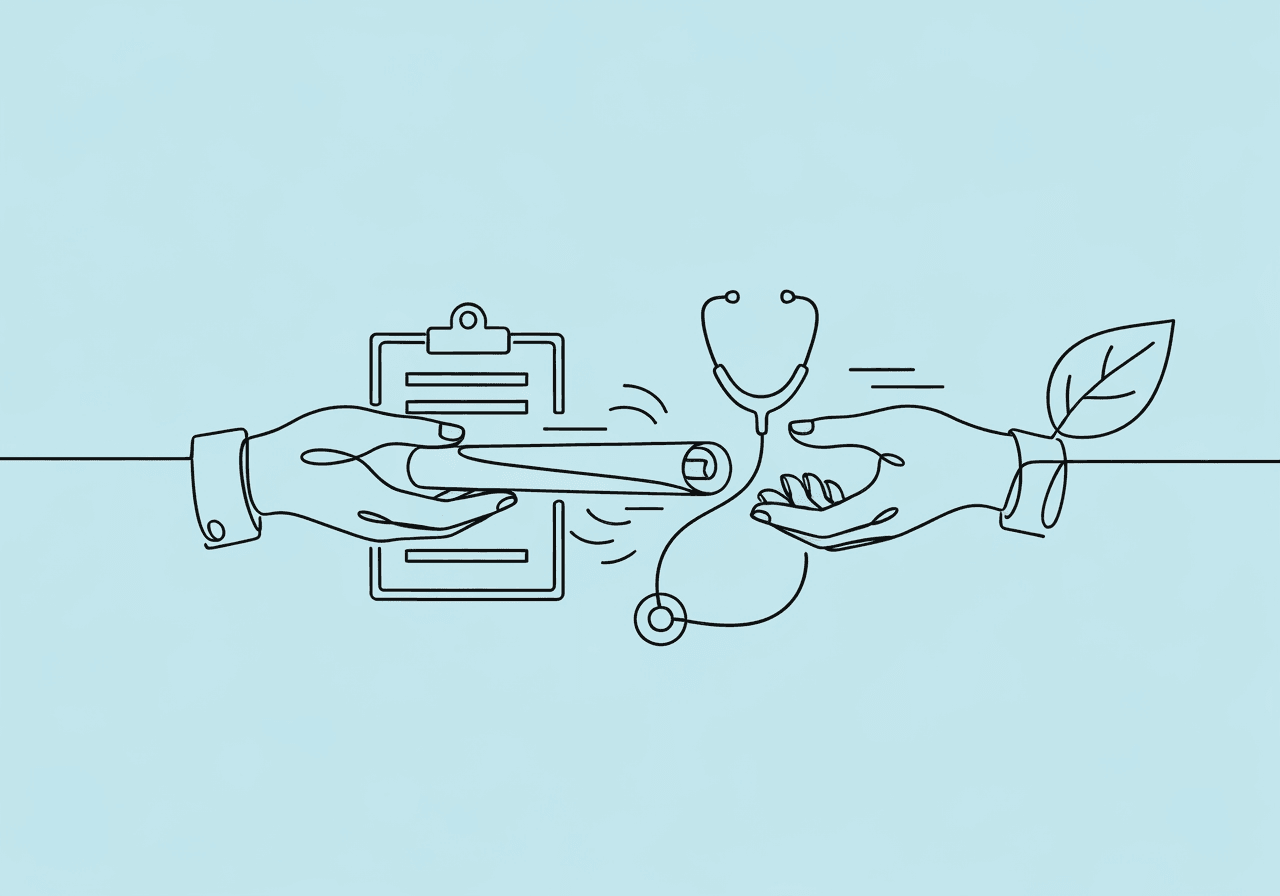 7-Step Guide to BCBA Interdisciplinary Documentation Minimalist line art of two hands exchanging a document baton, representing BCBA interdisciplinary documentation compliance across therapy, medical, and educational settings. The visual metaphor highlights collaboration and secure data sharing for behavior analysts.