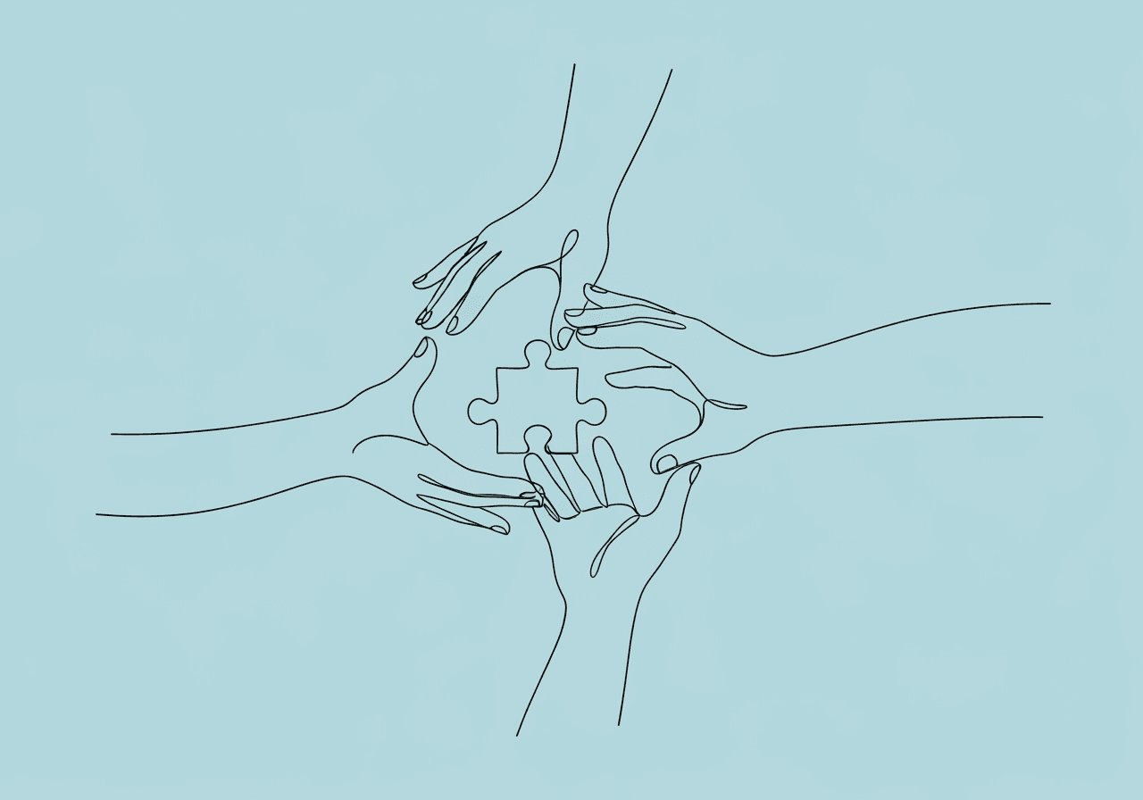 Essential BCBA Interprofessional Documentation Checklist Minimalist line art of three hands meeting in the center to hold a puzzle piece, visually representing BCBA interprofessional documentation and collaborative care among ABA, SLP, and OT professionals.