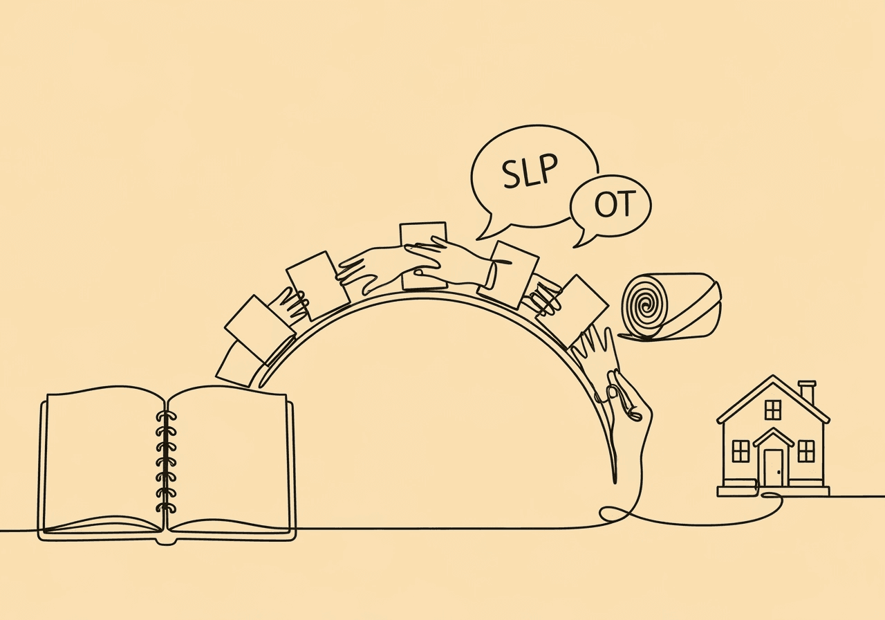 BCBA Interprofessional Documentation Guide Minimalist line art showing a notebook transforming into a bridge made of hands and documents, connecting professionals like SLPs and schools, visually representing BCBA interprofessional documentation for collaborative teamwork.