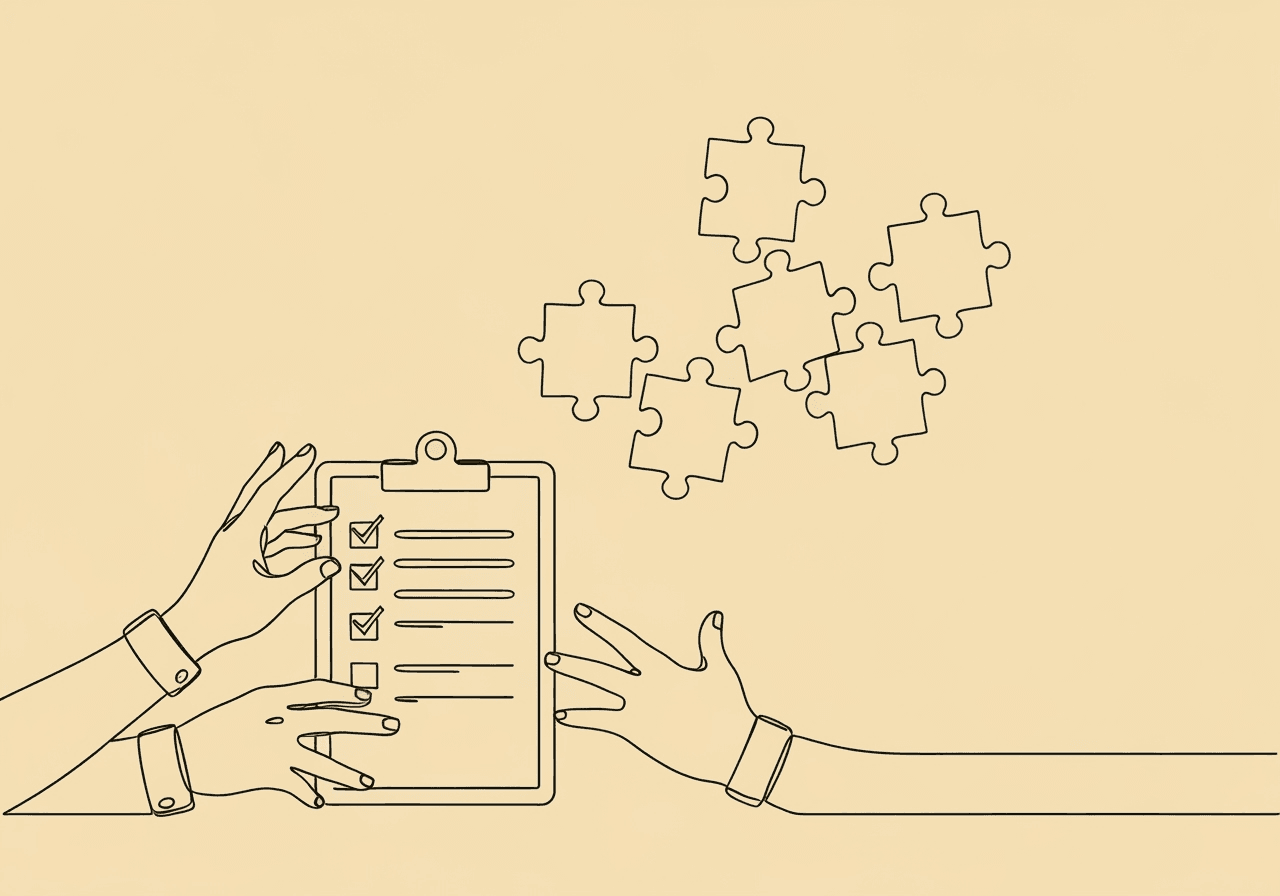 Avoid These 5 BCBA IOA Documentation Mistakes Today Minimalist line art illustration for BCBA IOA documentation mistakes, showing a clipboard with drifting puzzle pieces and reaching hands, symbolizing incomplete interobserver agreement records and the human aspect of behavior analysis documentation.