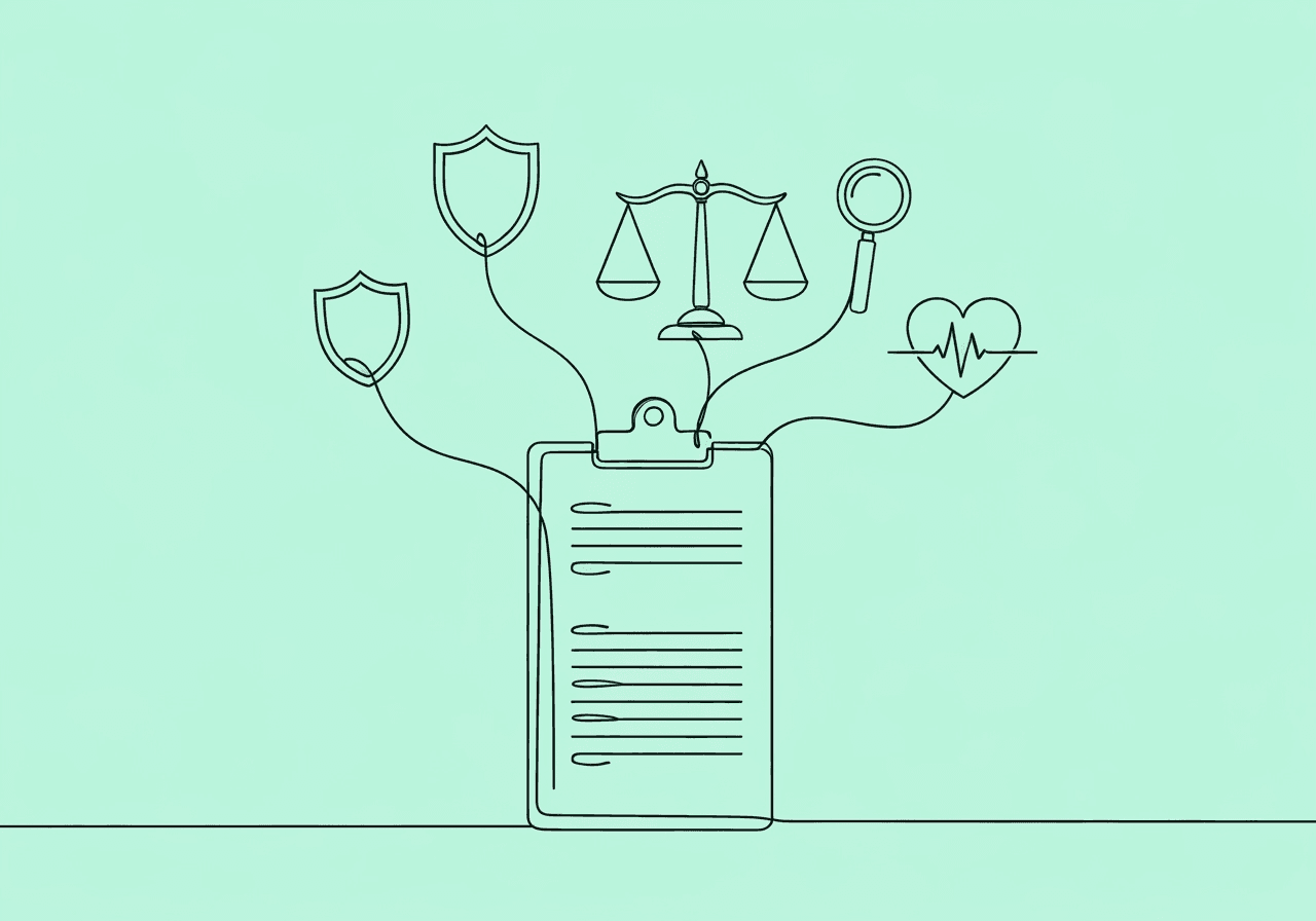 BCBA Mandatory Self-Reporting: The 30-Day Rule Guide Minimalist line art of a clipboard with four branching elements, each holding a symbolic object, visually representing BCBA mandatory self-reporting requirements and documentation categories in a clear, accessible style.