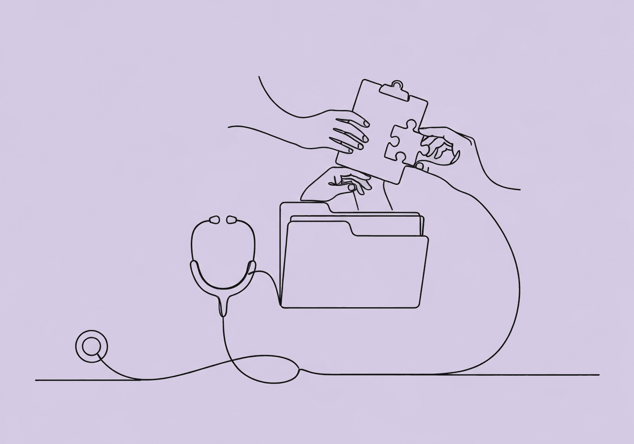 Essential BCBA Medical Necessity Documentation Tips Minimalist line art illustrating BCBA medical necessity documentation: a stethoscope becoming a file folder, with hands collaborating over documents and a puzzle piece, representing thoroughness and teamwork in ABA compliance.