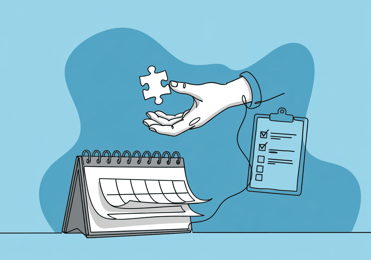 Documenting Missed ABA Sessions: BCBA Best Practices Minimalist line art shows a hand holding an absent puzzle piece over a desk calendar and documentation clipboard, visually representing the importance of documenting missed ABA sessions and their impact on treatment continuity.