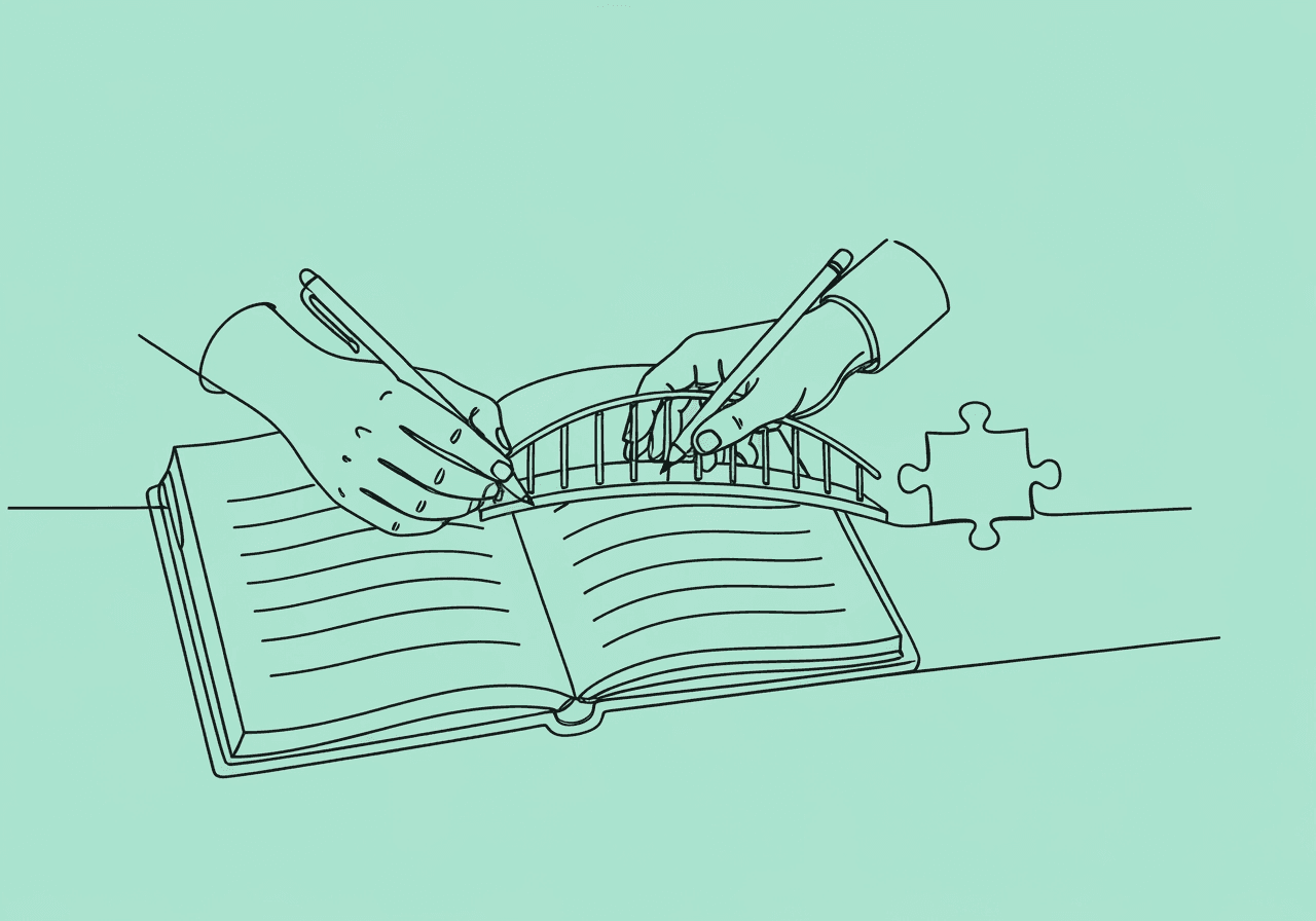 Essential Guide to BCBA OT Co-Treatment Documentation Minimalist line art of collaborative BCBA and OT co-treatment documentation, showing two hands—one with a pen, one with a pencil—working together over a notepad and connecting to a puzzle piece, illustrating BCBA OT co-treatment documentation.