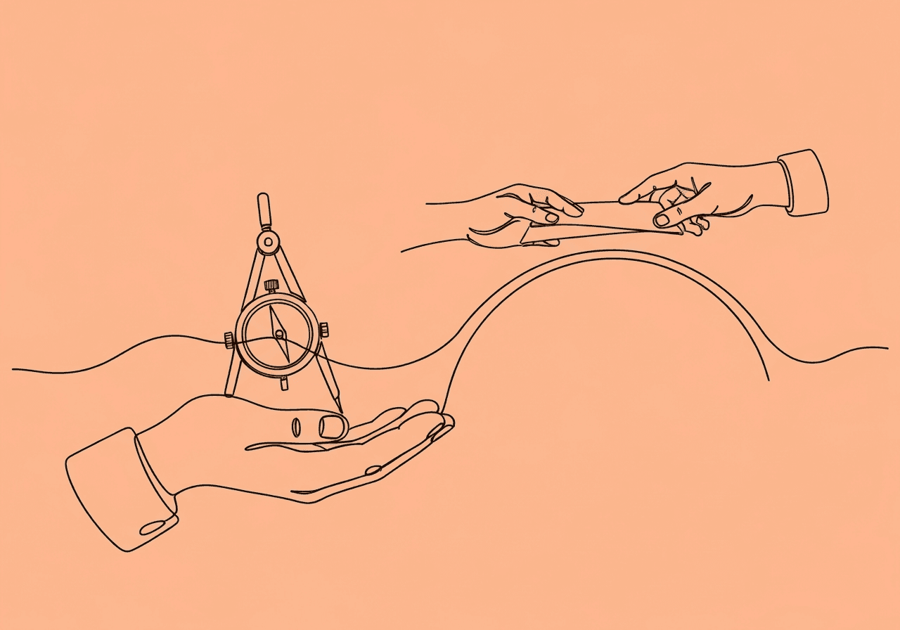 BCBA Out-of-Scope Referral Documentation Checklist Minimalist line art features a hand offering a compass and document across a bridge, representing BCBA out-of-scope referral documentation and the ethical transfer of client care.