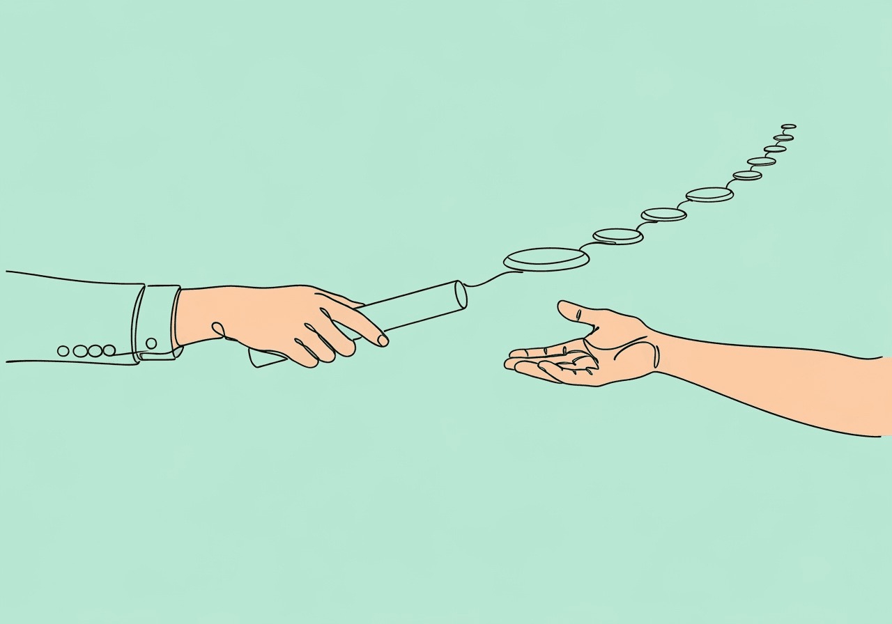 Essential BCBA Payer Transition Checklist Minimalist line art showing two hands passing a baton over stepping stones, metaphorically illustrating the BCBA payer transition checklist and the step-by-step compliance process.
