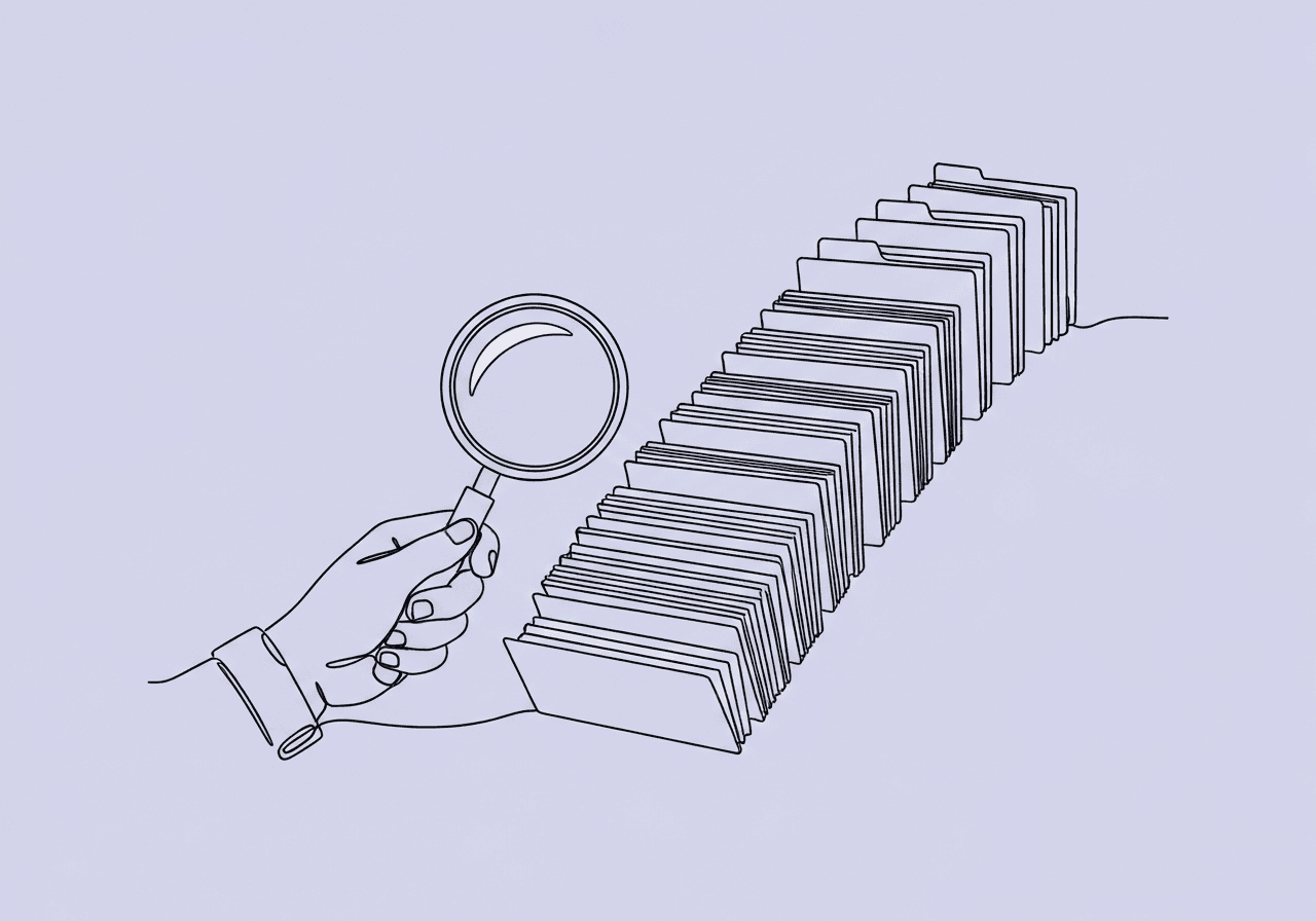Master BCBA Peer-to-Peer Documentation: 7 Steps to Success Minimalist line art showing a hand holding a magnifying glass over a curved stack of seven open folders, visually representing thorough BCBA Peer-to-Peer Documentation preparation for review and defense.