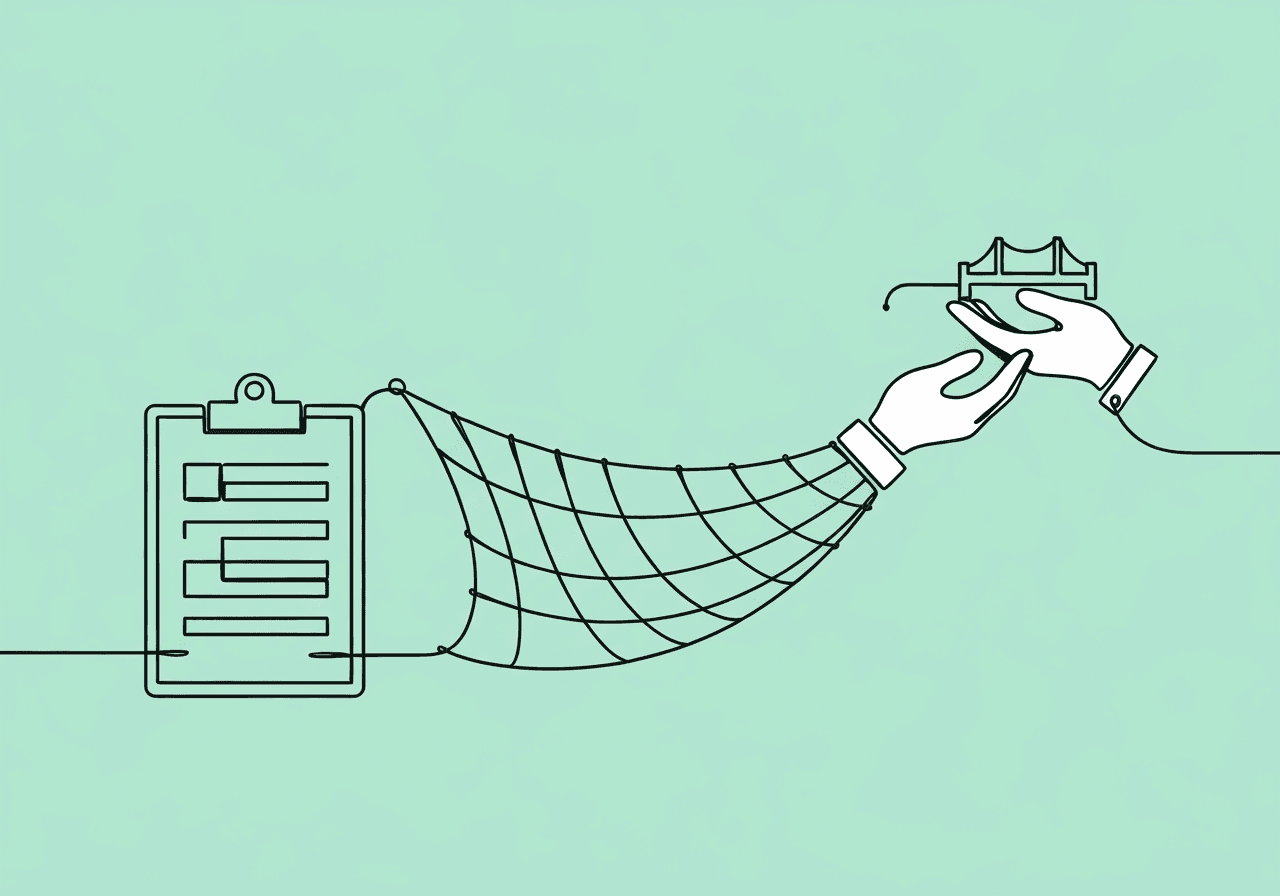 Guide to Post-Incident Report Documentation BCBA Minimalist line art on pastel mint depicts a clipboard, safety net, and hand offering a bridge, visually presenting the Post-Incident Report Documentation BCBA process and its supportive, mitigating roles in behavioral practice.