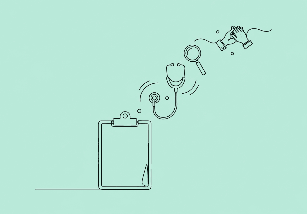BCBA Practice Acquisition Documentation Checklist Minimalist line art on pastel mint shows a clipboard with linked objects—a padlock, stethoscope, magnifying glass, and hands—symbolizing comprehensive BCBA practice acquisition documentation and compliance, visually representing the due diligence checklist process.