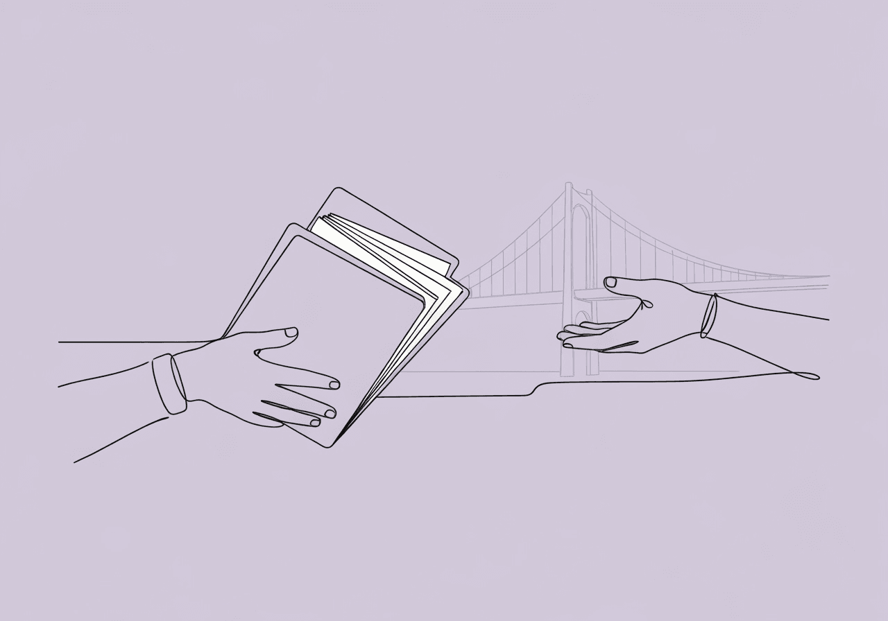 BCBA Practice Transition Checklist: Ethical Guide Minimalist line art showing a hand passing an open folder across a bridge to another hand, visually representing a BCBA practice transition checklist through the transfer of care and documentation.