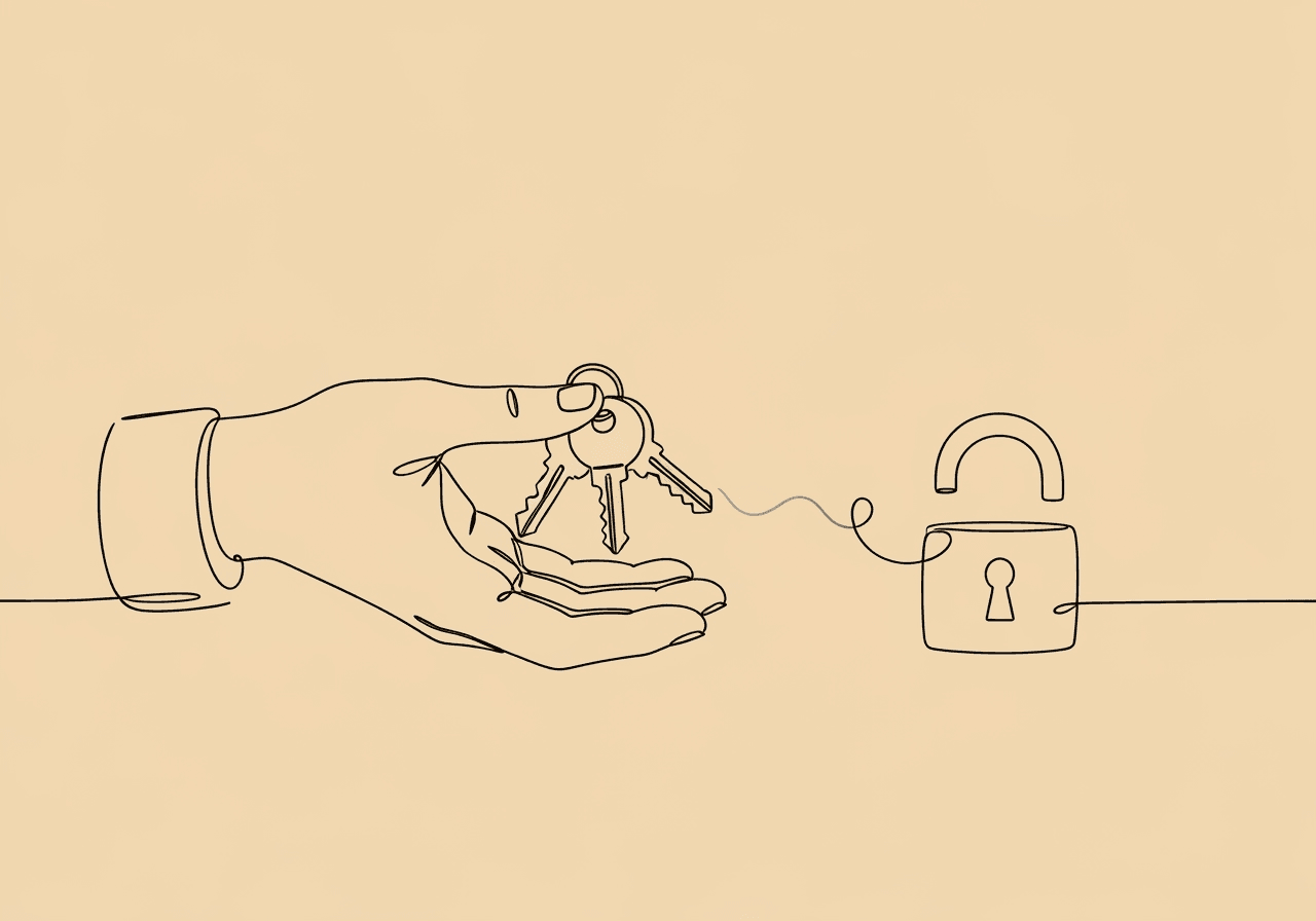 Preference Assessment vs Reinforcer Assessment: BCBA Guide Minimalist line art of a hand offering keys toward an open padlock, visually representing the difference between preference assessment and reinforcer assessment for BCBA documentation. Illustrates the journey from identifying preferences to confirming reinforcement efficacy.