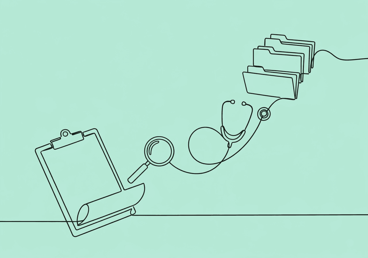 BCBA Initial Authorization Checklist: Simplify ABA Approvals Minimalist line art on a pastel mint background shows a clipboard, magnifying glass, stethoscope, and folders linked in a single fluid path—symbolizing the BCBA initial authorization checklist process from preparation to submission.