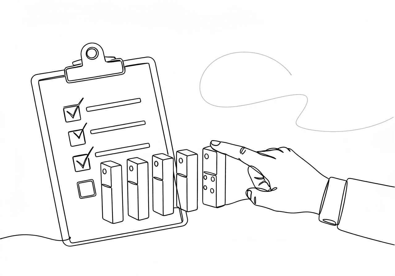 Essential Guide to BCBA Procedural Drift Documentation Minimalist line art illustration for BCBA procedural drift documentation: a hand gently steadies domino-like checkboxes on a checklist, representing careful monitoring to prevent treatment drift in behavioral interventions.