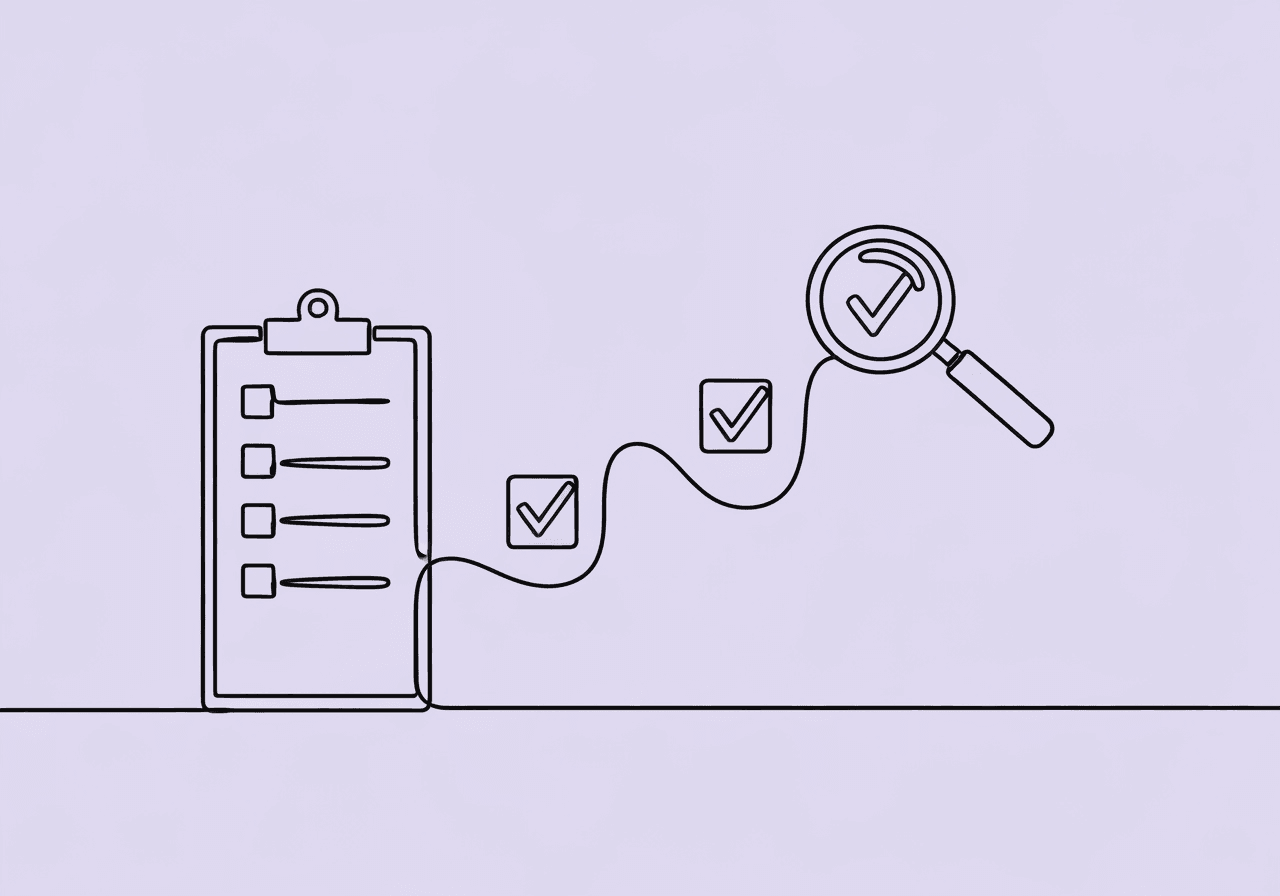 BCBA Procedural Fidelity Checklist: Essential H-6 Guide Minimalist line art illustration for a BCBA procedural fidelity checklist, showing a clipboard, checklist path with growing checkmarks, and a magnifying glass, symbolizing careful step-by-step monitoring and compliance with BACB H-6 standards.