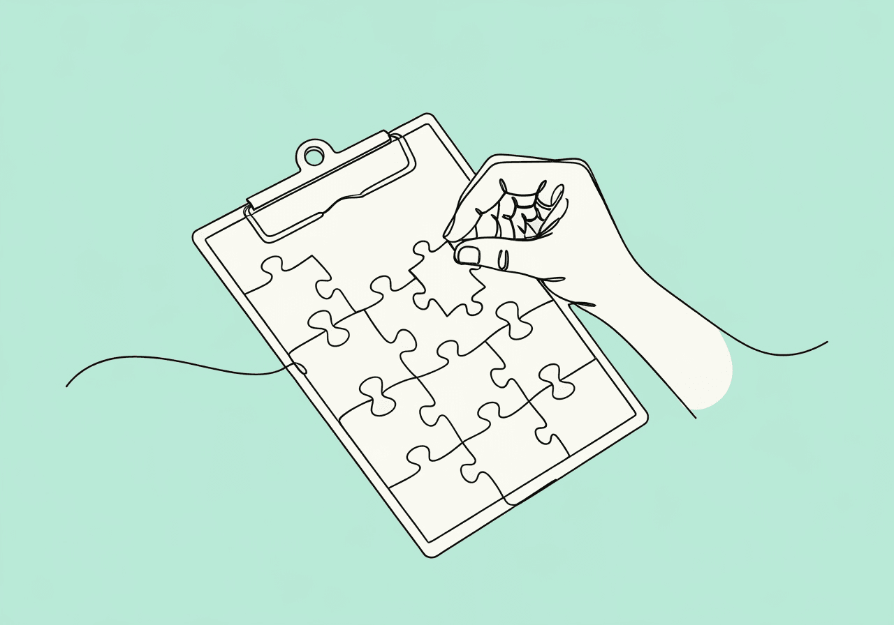 BCBA Procedural Integrity Procedures: How-To Guide Minimalist line art showing a hand placing a puzzle piece onto a clipboard, visually symbolizing BCBA procedural integrity procedures for documenting complex BIPs. The image represents the precision and care required for procedural integrity documentation.