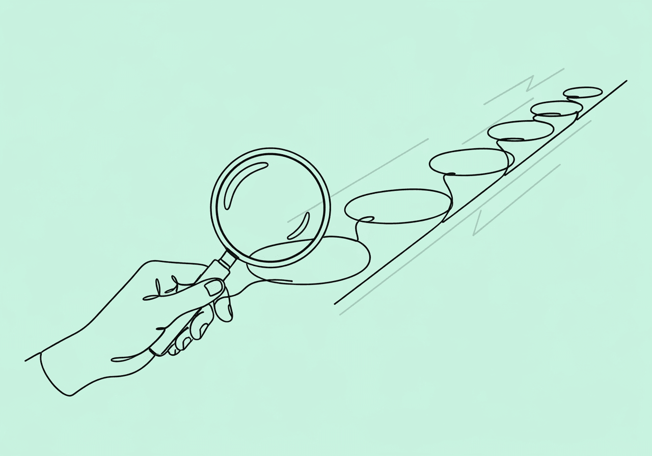 BCBA Progress Report Data: 5 Essentials for Insurance Wins Minimalist line art of a hand using a magnifying glass to examine five stepping stones, representing how BCBAs track progress report data through clear, step-by-step milestones for insurance documentation.