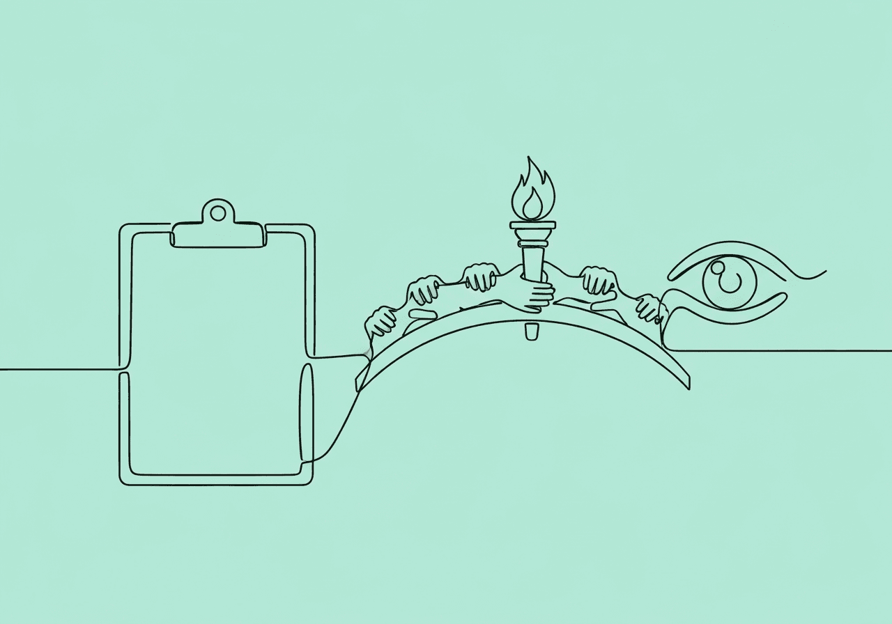 BCBA Quarterly BIP Review Checklist: Ensure Compliance Minimalist line art illustration on a pastel mint background for a BCBA quarterly BIP review checklist blog. It shows a clipboard, a bridge of helping hands, and a vigilant eye, capturing assessment, collaboration, and ethical review.