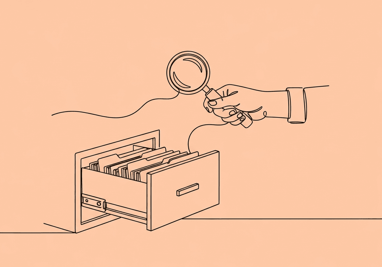 Master BCBA Quarterly Treatment Review Documentation Minimalist line art showing an open filing cabinet with folders and a magnifying glass, symbolizing organized BCBA Quarterly Treatment Review documentation and the careful review process. The image visually communicates the article’s focus on audit-proof recordkeeping.