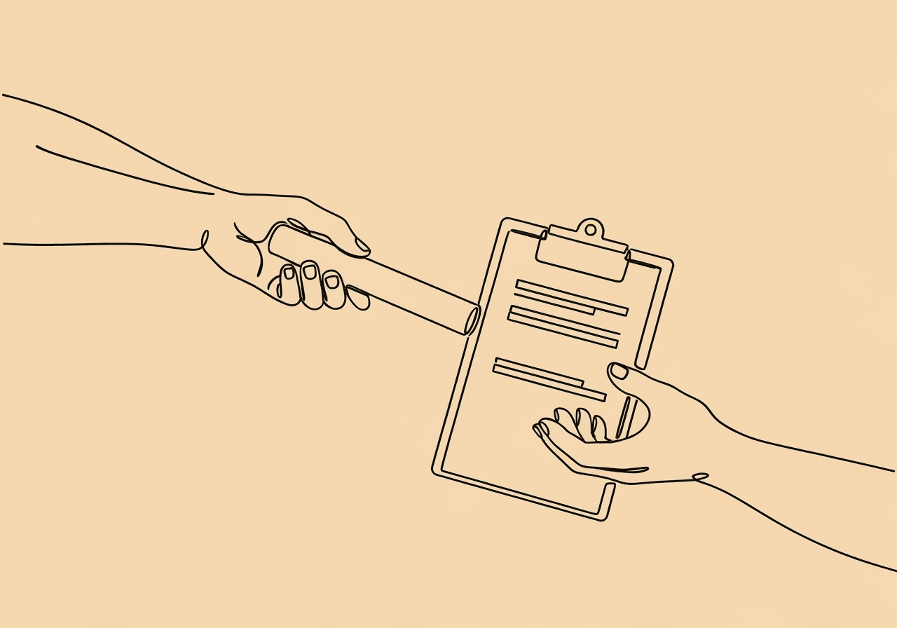 BCBA RBT Competency Documentation: Step-by-Step Guide Minimalist line art of a relay baton transforming into a clipboard as one hand passes it to another, visually representing BCBA RBT competency documentation and the careful transfer of training responsibilities.