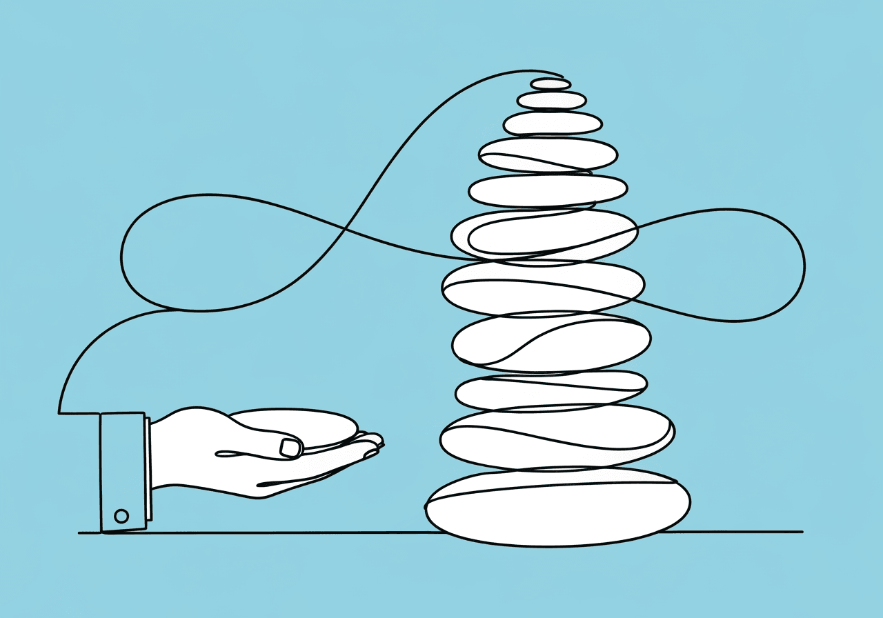 10-Point BCBA RBT Note Review Checklist: Stay Compliant Minimalist line art of a hand supporting a stack of ten stones, visually representing a BCBA RBT note review checklist. The image symbolizes careful oversight and compliance, directly relating to quality assurance in documentation.