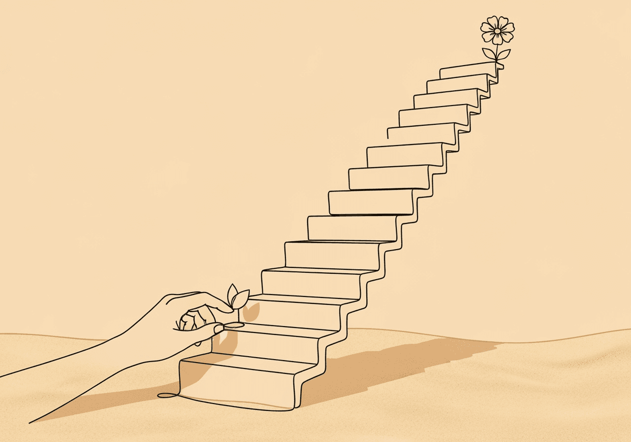 Master BCBA RBT Performance Feedback Documentation Minimalist line art illustration of a hand checking off a step on a staircase of blooming flowers, symbolizing BCBA RBT performance feedback documentation and the process of guiding growth and competency.