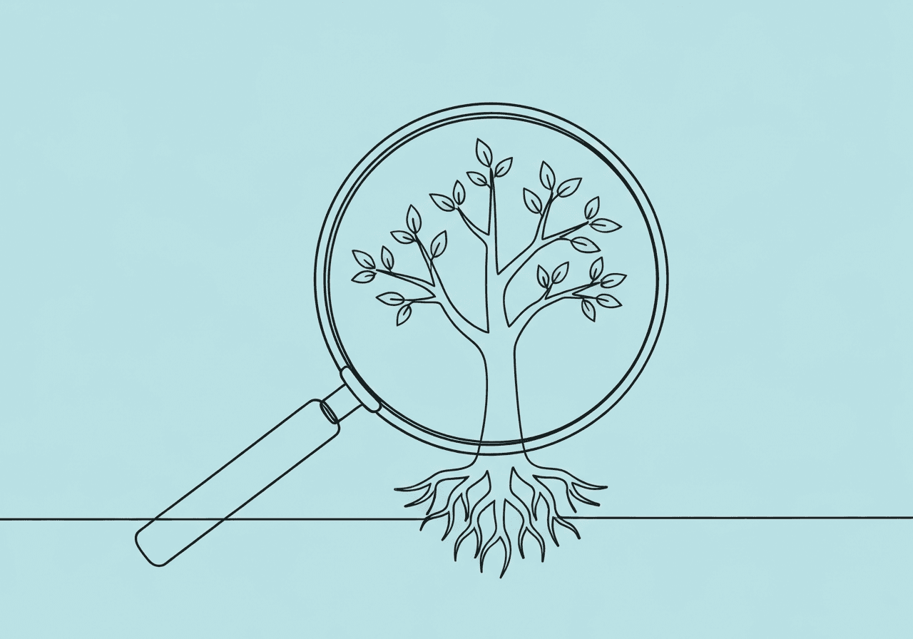 BCBA Re-Assessment Medical Necessity Checklist Minimalist line art of a magnifying glass focusing on a branching tree, symbolizing BCBA re-assessment medical necessity by highlighting decision points, growth, and careful review central to behavioral health evaluations.