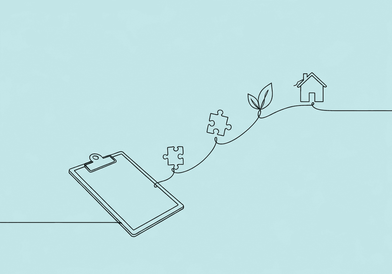 BCBA Reassessment Documentation: CPT 97151 Guide Minimalist line art of a clipboard branching into a leaf, puzzle piece, and house, representing BCBA reassessment documentation CPT 97151 and visually capturing how clinical, data, and environmental triggers guide the reassessment process for insurance compliance.