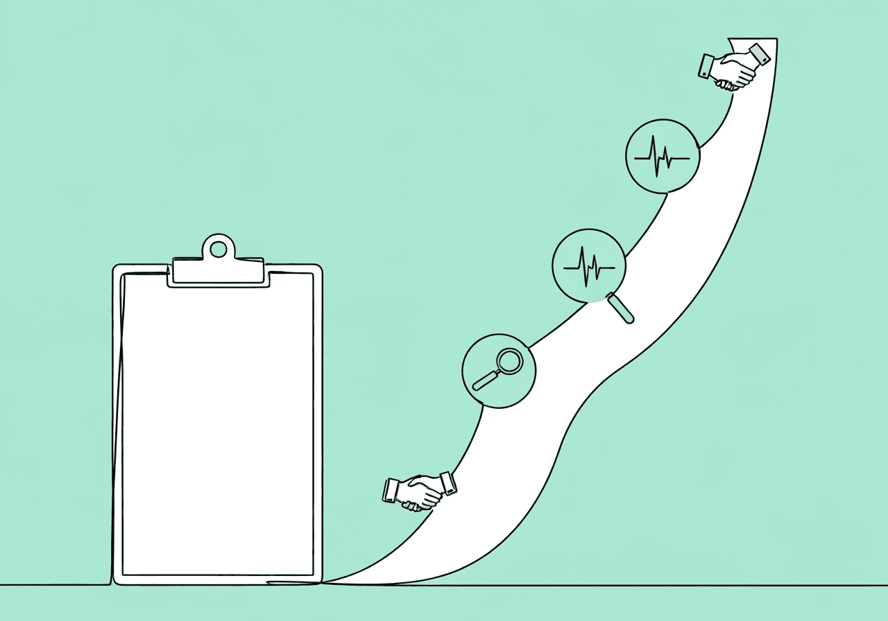BCBA Reauthorization Checklist: Essential Steps Minimalist line art illustration for a BCBA reauthorization checklist shows a clipboard leading to a winding paper path with verification, clinical review, and signature icons—visually representing compliance steps in medical necessity documentation.