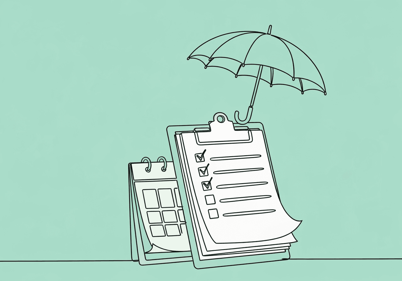 BCBA Reauthorization Documentation Checklist Minimalist line art illustration of a clipboard with a checklist, calendar, and an umbrella overhead, symbolizing the BCBA reauthorization documentation checklist's role in ensuring timely, protected approvals.
