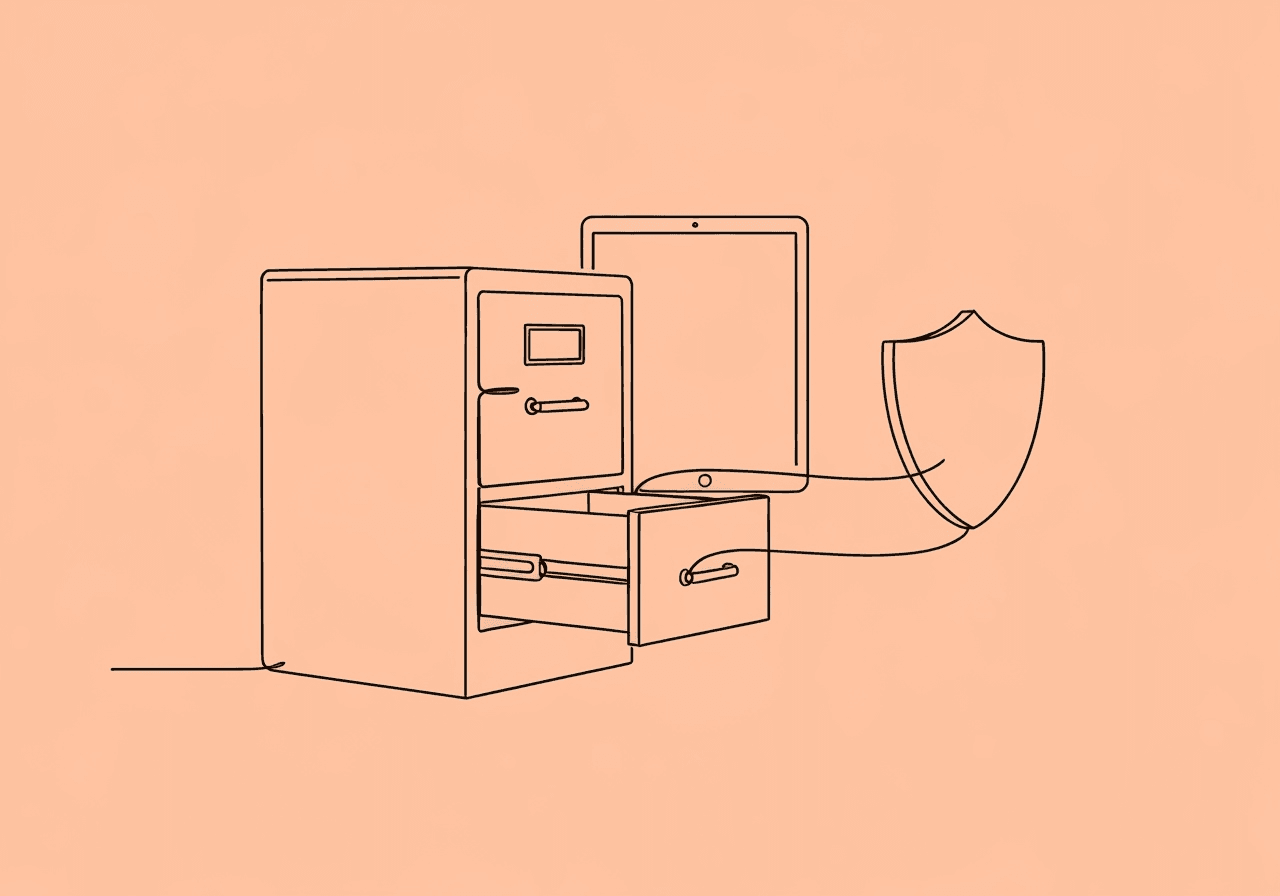 BCBA Record Retention Guide: BACB Compliance Essentials Minimalist line art shows a file cabinet merging into a protective shield and a digital device, visualizing BCBA record retention with secure and compliant documentation practices.