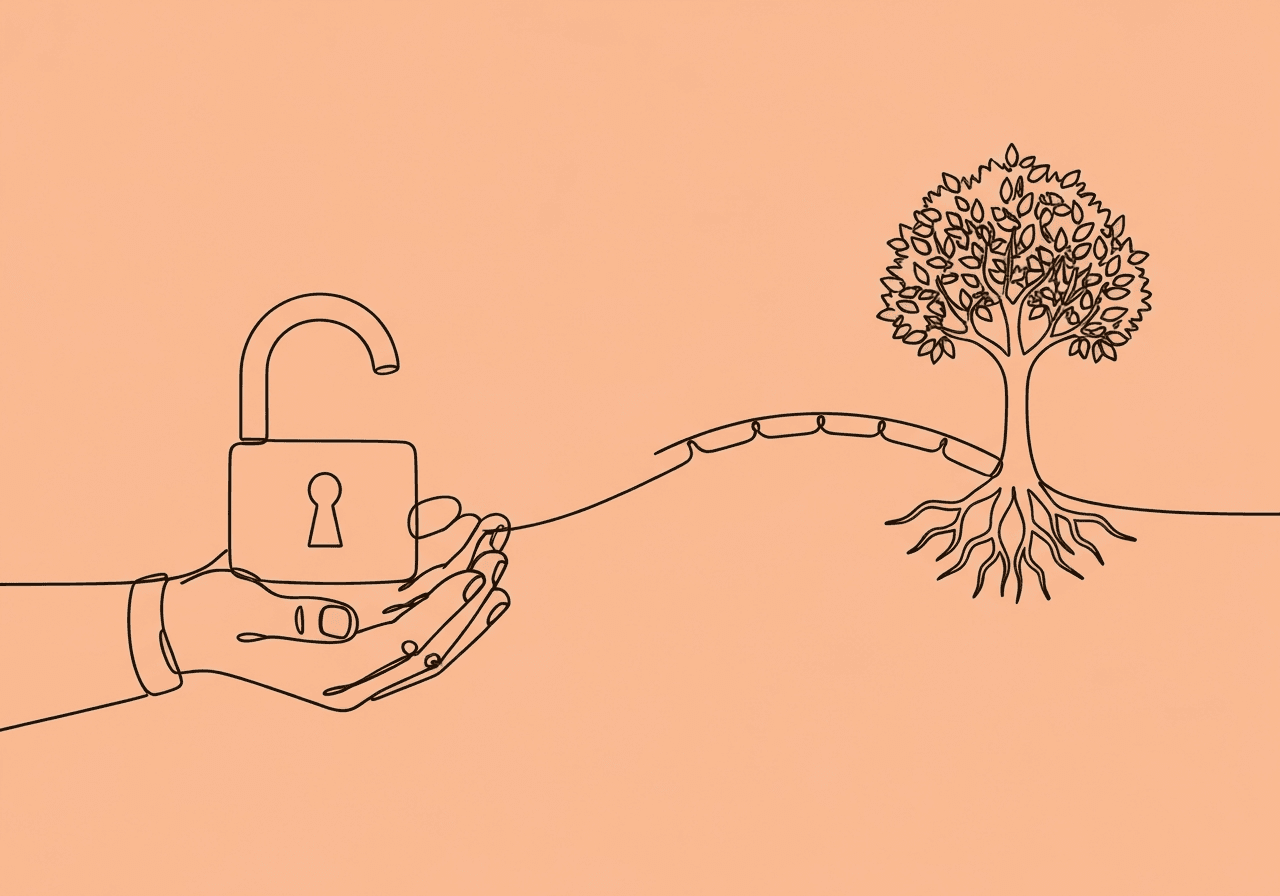 BCBA Guide: Restrictive Procedures Documentation Essentials Minimalist line art illustration depicting hands holding an open padlock that transforms into a bridge leading to a flourishing tree, visually representing restrictive procedures documentation BCBA and the ethical transition from restriction to positive support.