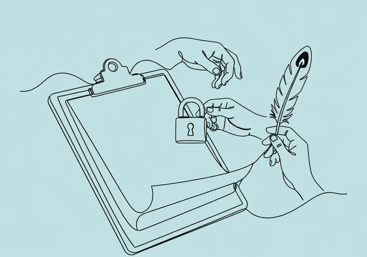 BCBA Restrictive Procedure Documentation Checklist Minimalist line art of a clipboard, hands, and safety symbols illustrating BCBA restrictive procedure documentation with an emphasis on ethical care, safety, and the stepwise process described in the blog.