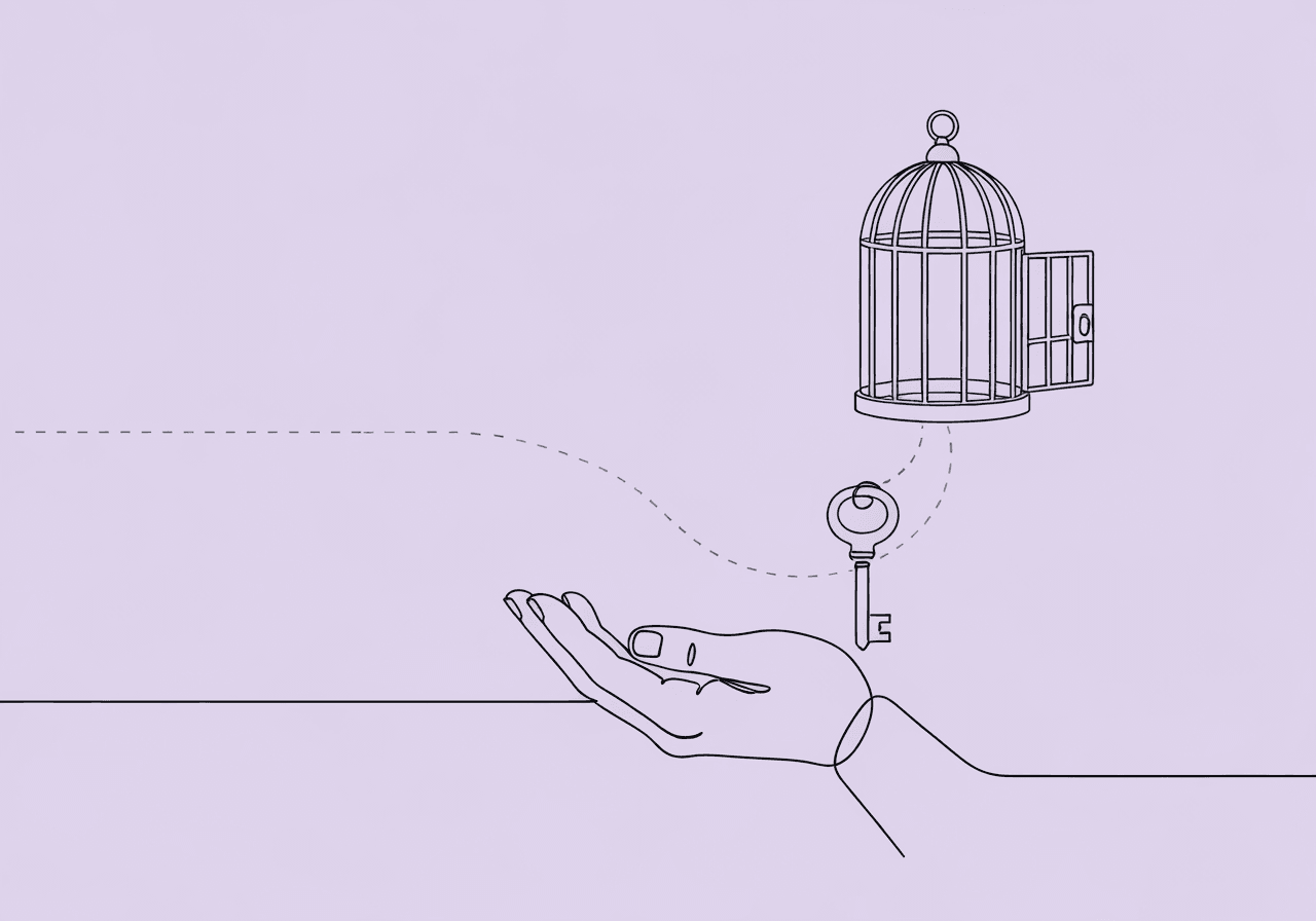 BCBA Restrictive Procedures Documentation Guide Minimalist line art of a hand holding a key beneath an open birdcage, illustrating the concept of BCBA restrictive procedures documentation and ethical oversight in ABA through clear, accessible metaphorical imagery.