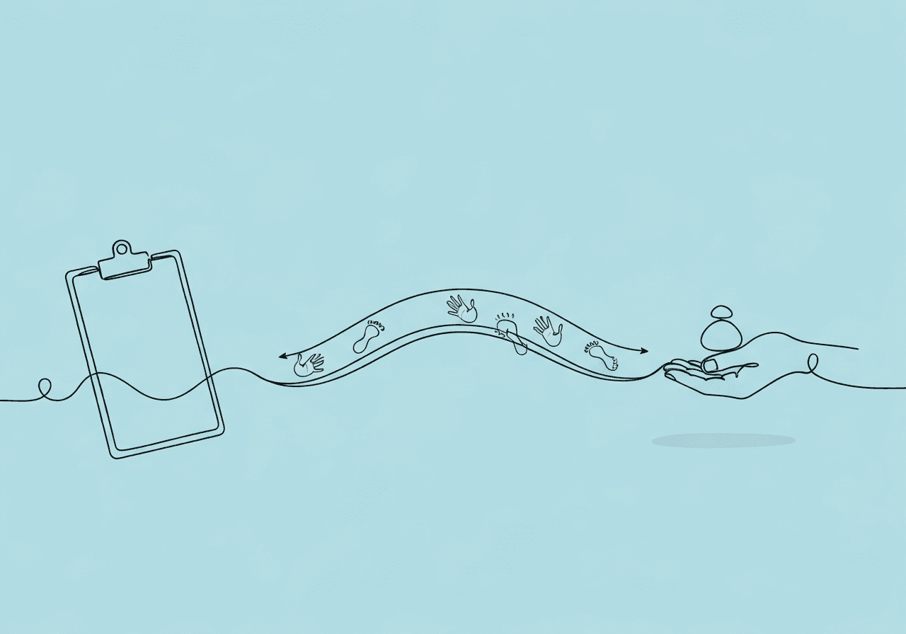 Master BCBA Reversal Design Documentation for Exam Success Minimalist line art featuring a clipboard morphing into a bridge with careful footprints and an open hand holding a pebble, symbolizing BCBA Reversal Design Documentation and the ethical progression of data and responsibility in behavioral analysis.